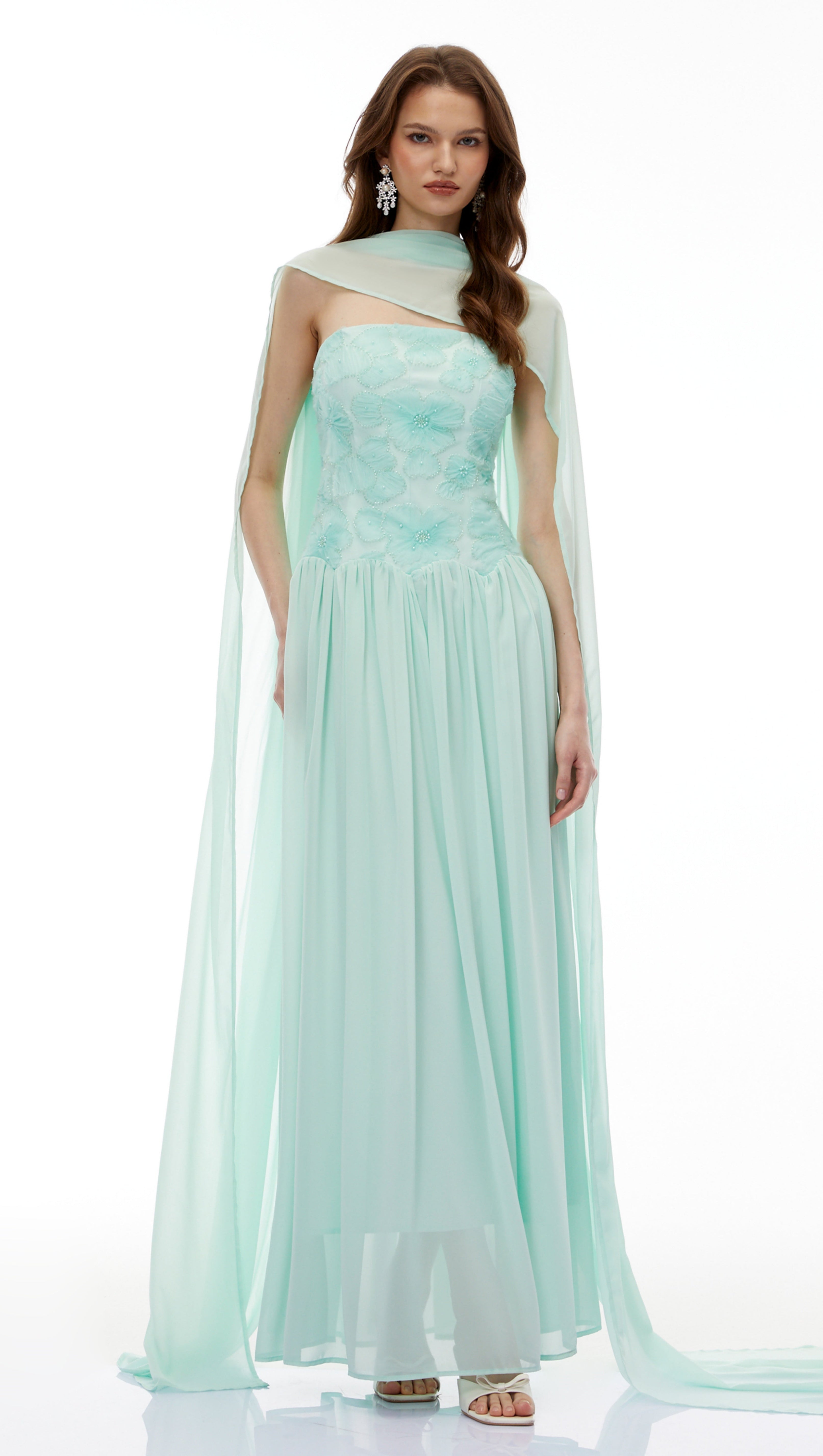 rebecca Green Floral Embroidered Pleated Maxi Dress