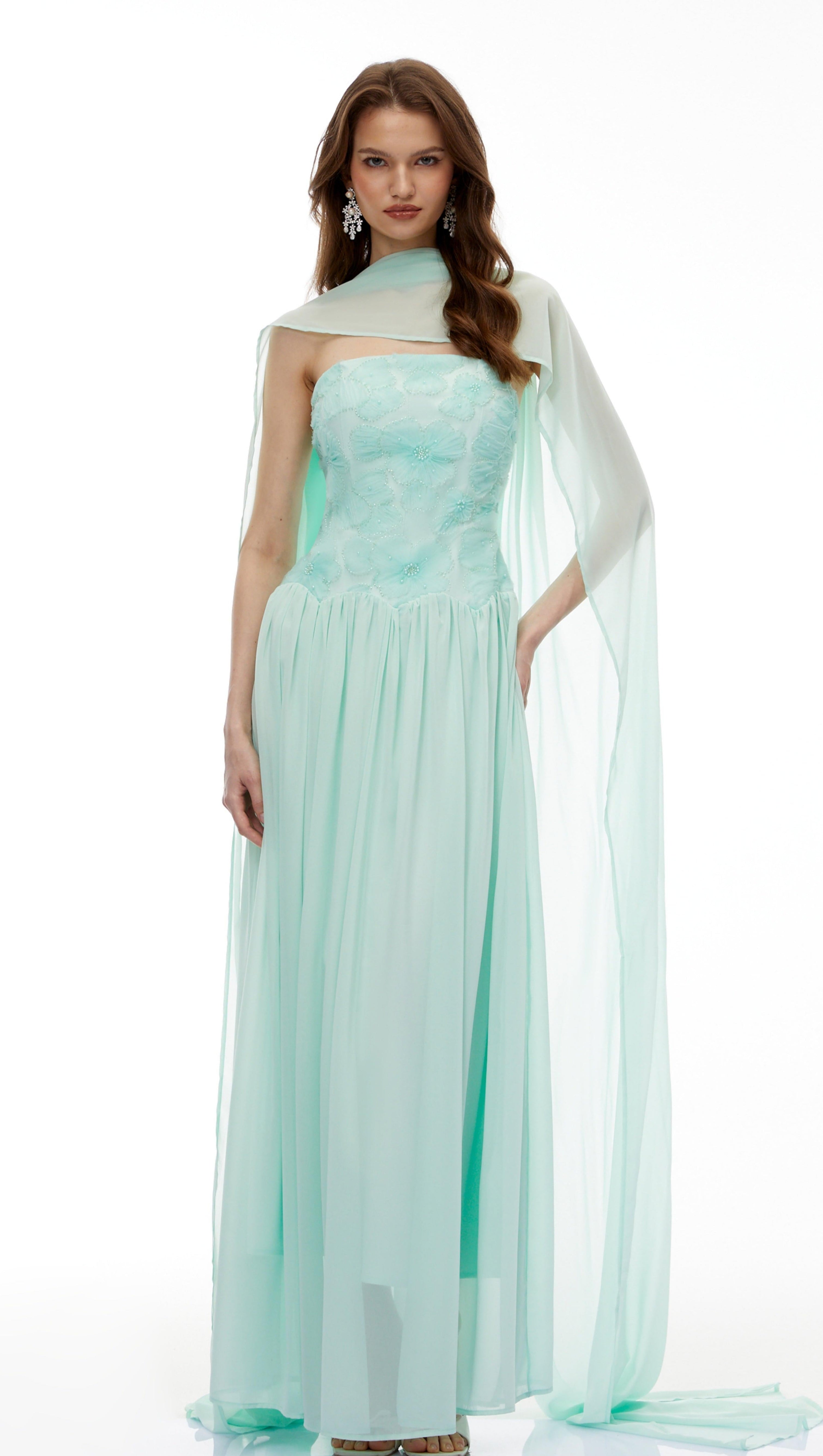 rebecca Green Floral Embroidered Pleated Maxi Dress
