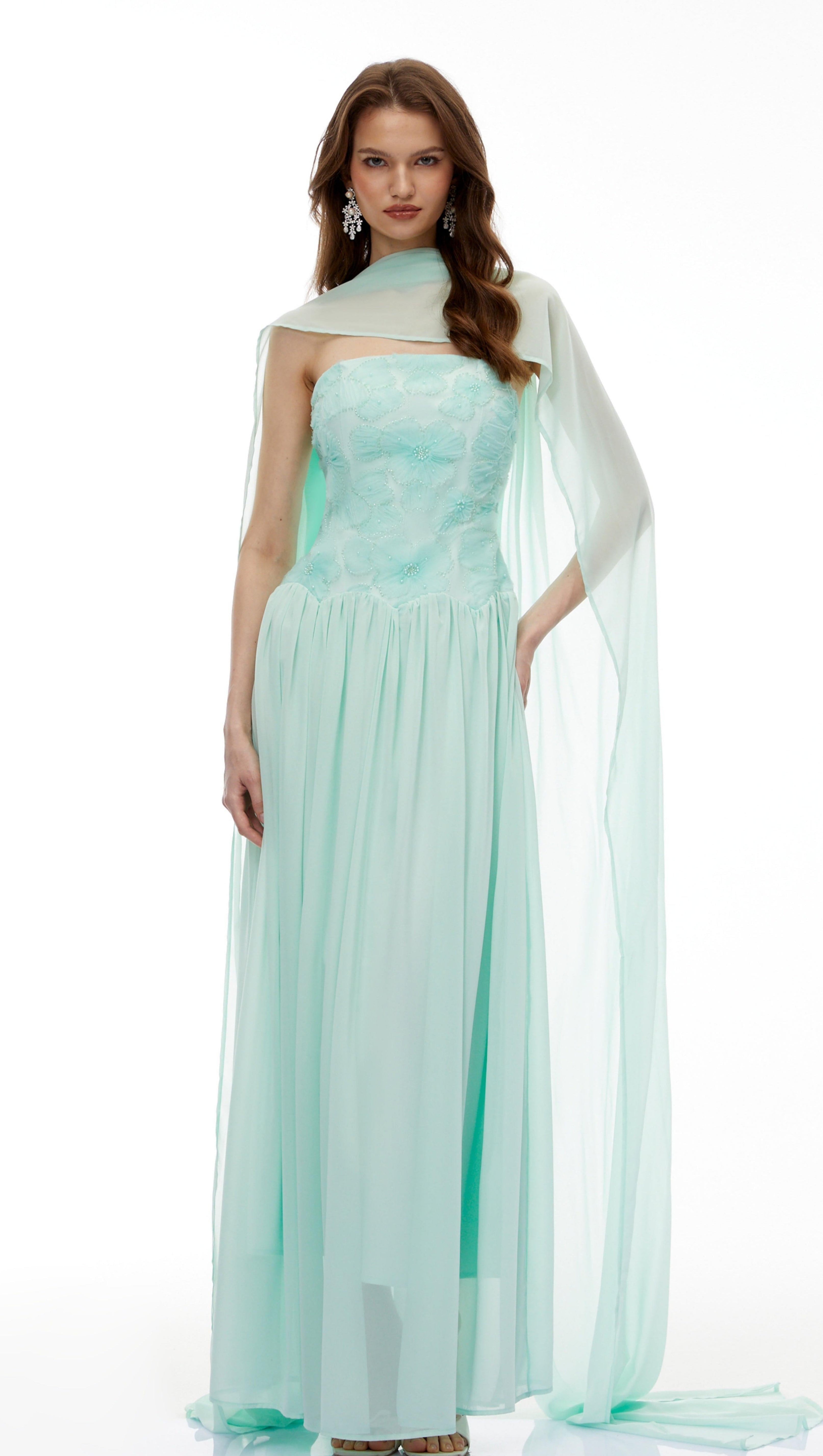 rebecca Green Floral Embroidered Pleated Maxi Dress