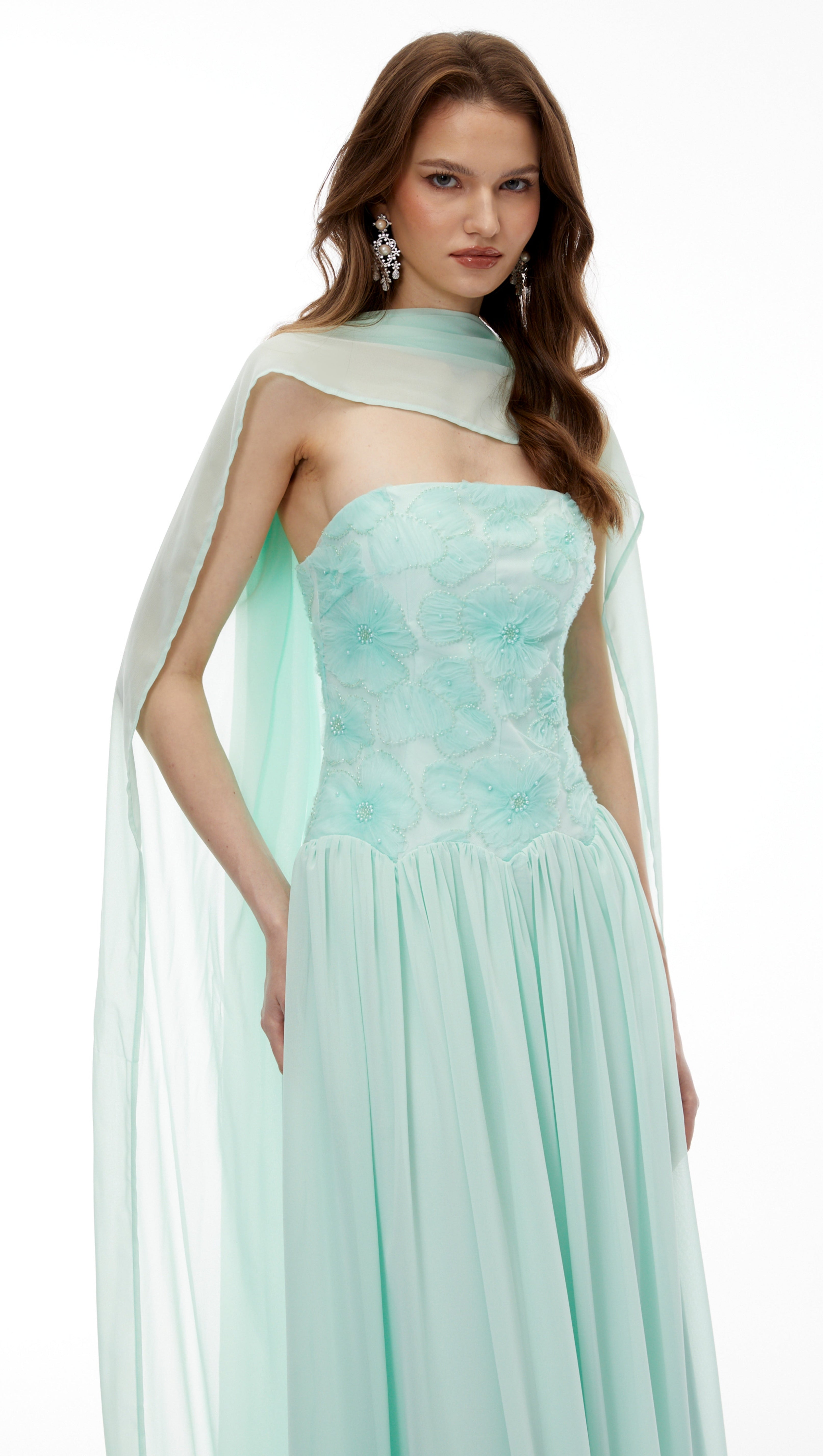 rebecca Green Floral Embroidered Pleated Maxi Dress