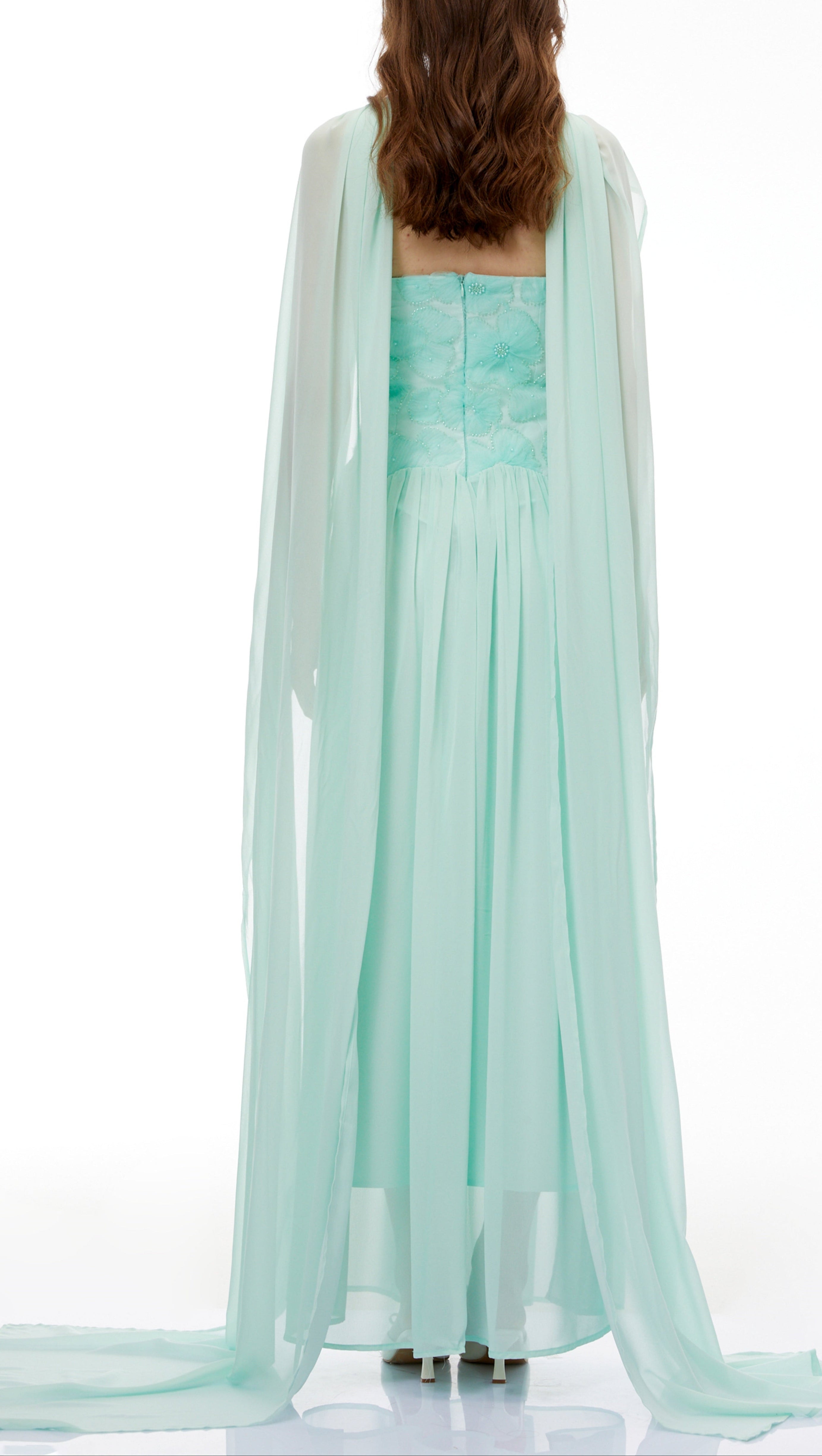 rebecca Green Floral Embroidered Pleated Maxi Dress