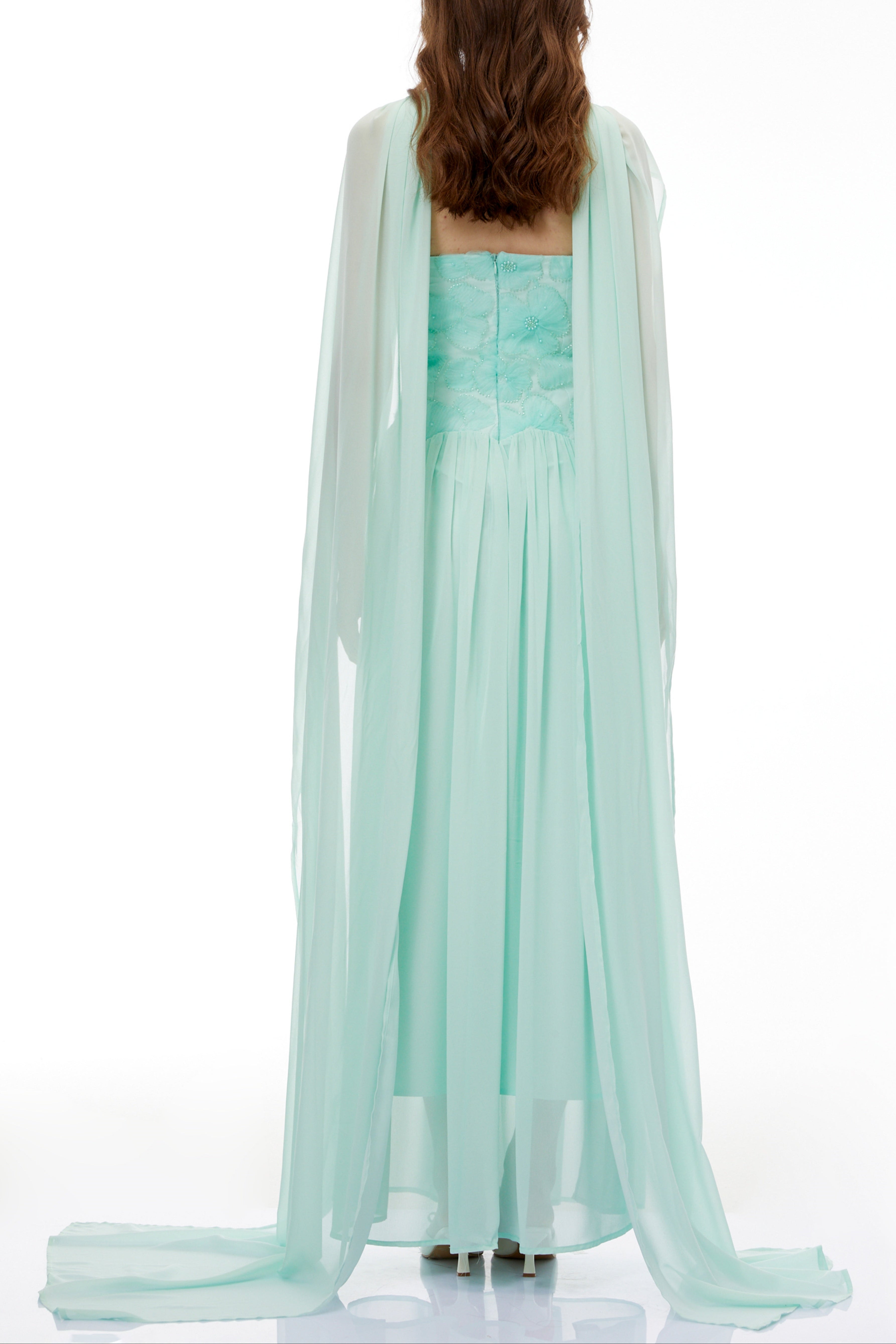 rebecca Green Floral Embroidered Pleated Maxi Dress