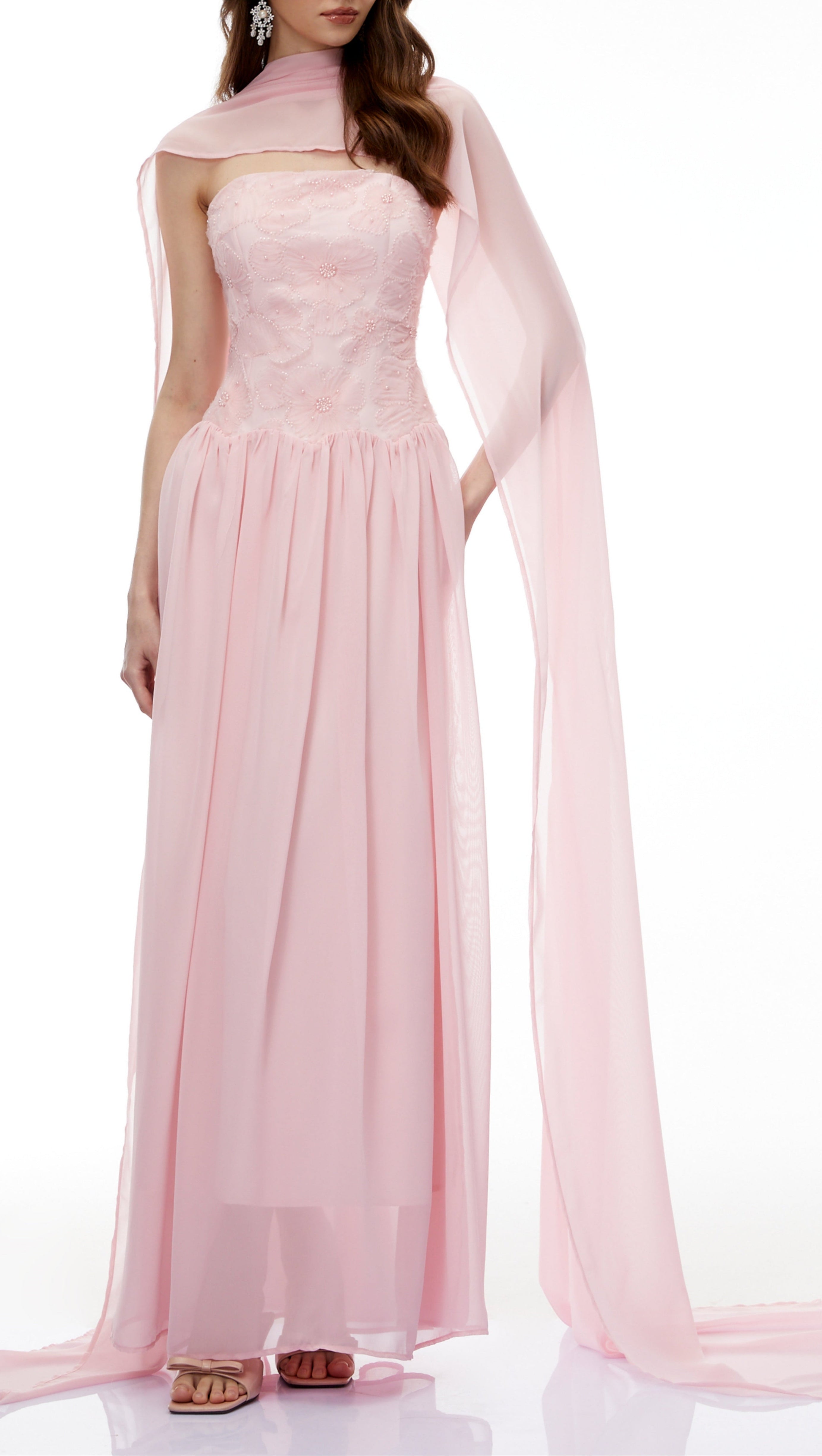 rebecca pink Floral Embroidered Pleated Maxi Dress