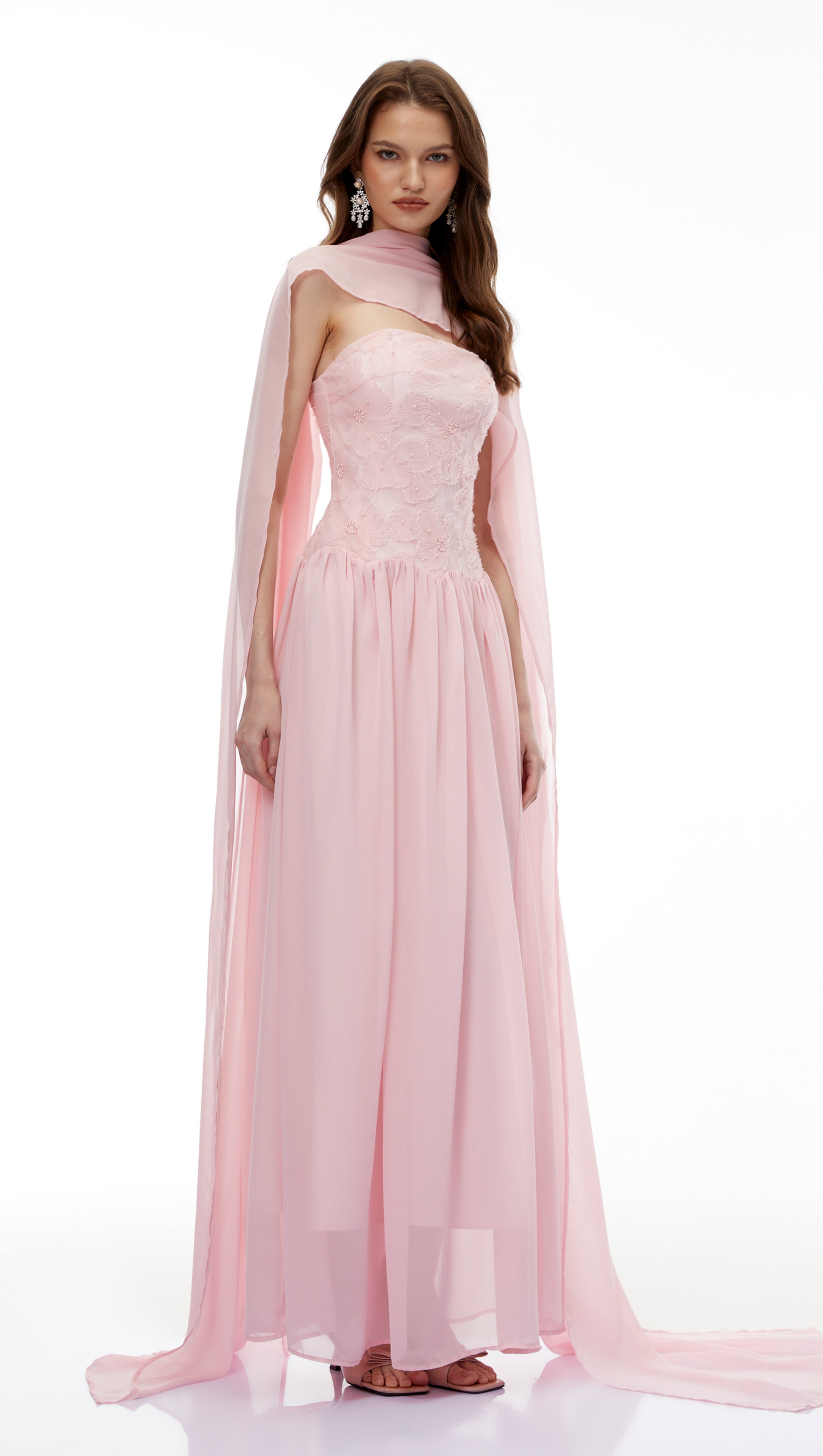rebecca pink Floral Embroidered Pleated Maxi Dress