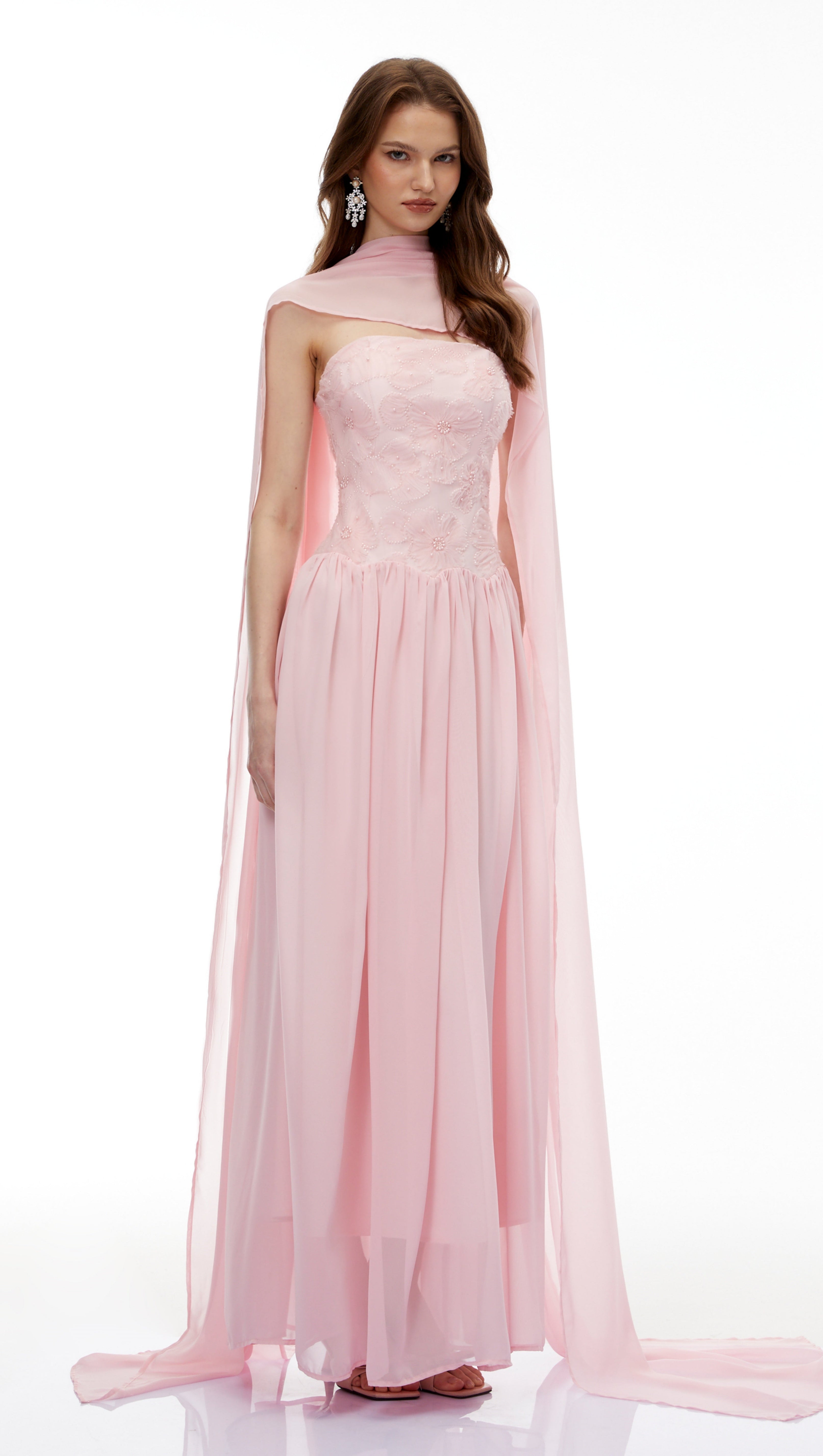 rebecca pink Floral Embroidered Pleated Maxi Dress