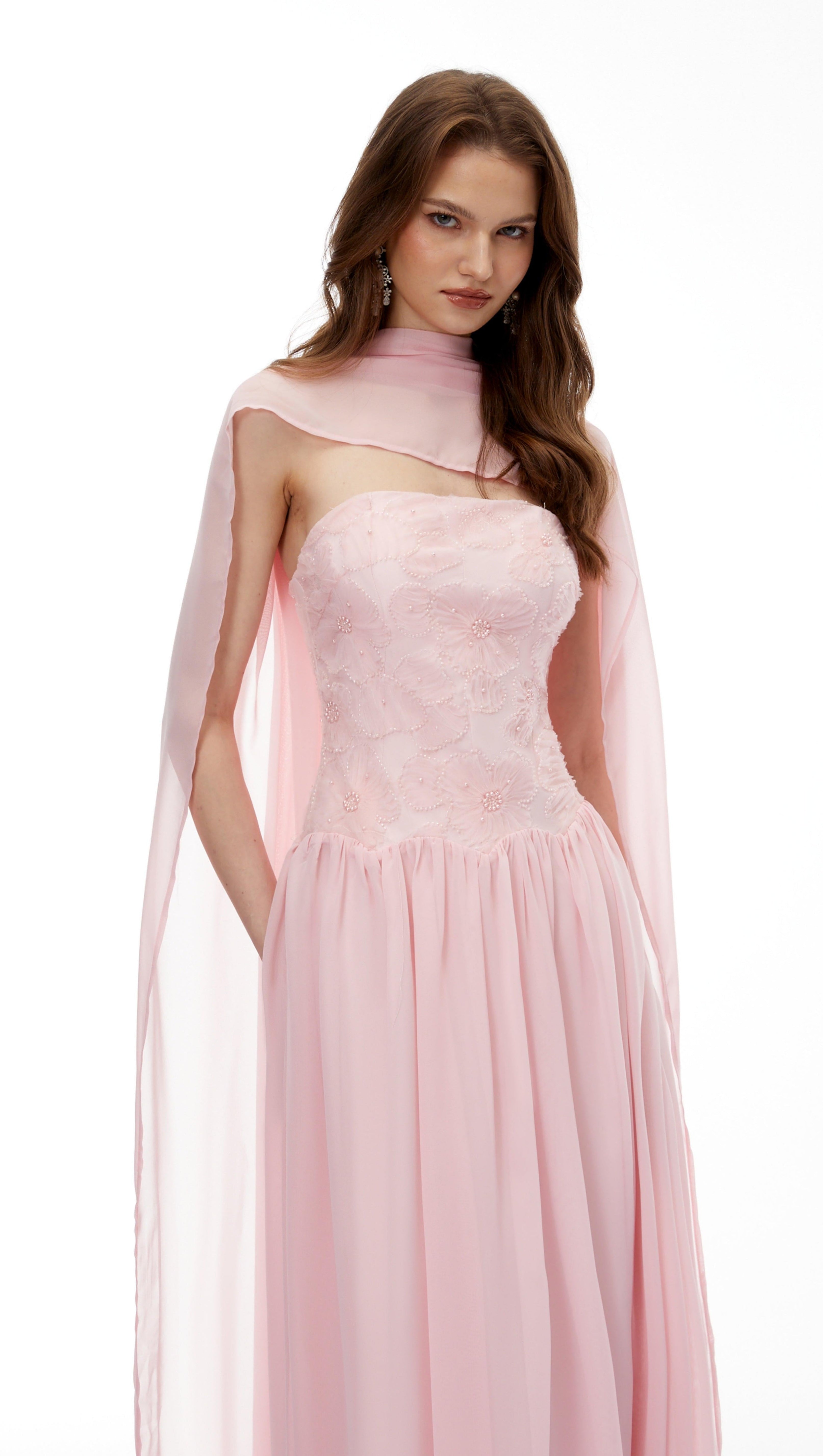 rebecca pink Floral Embroidered Pleated Maxi Dress