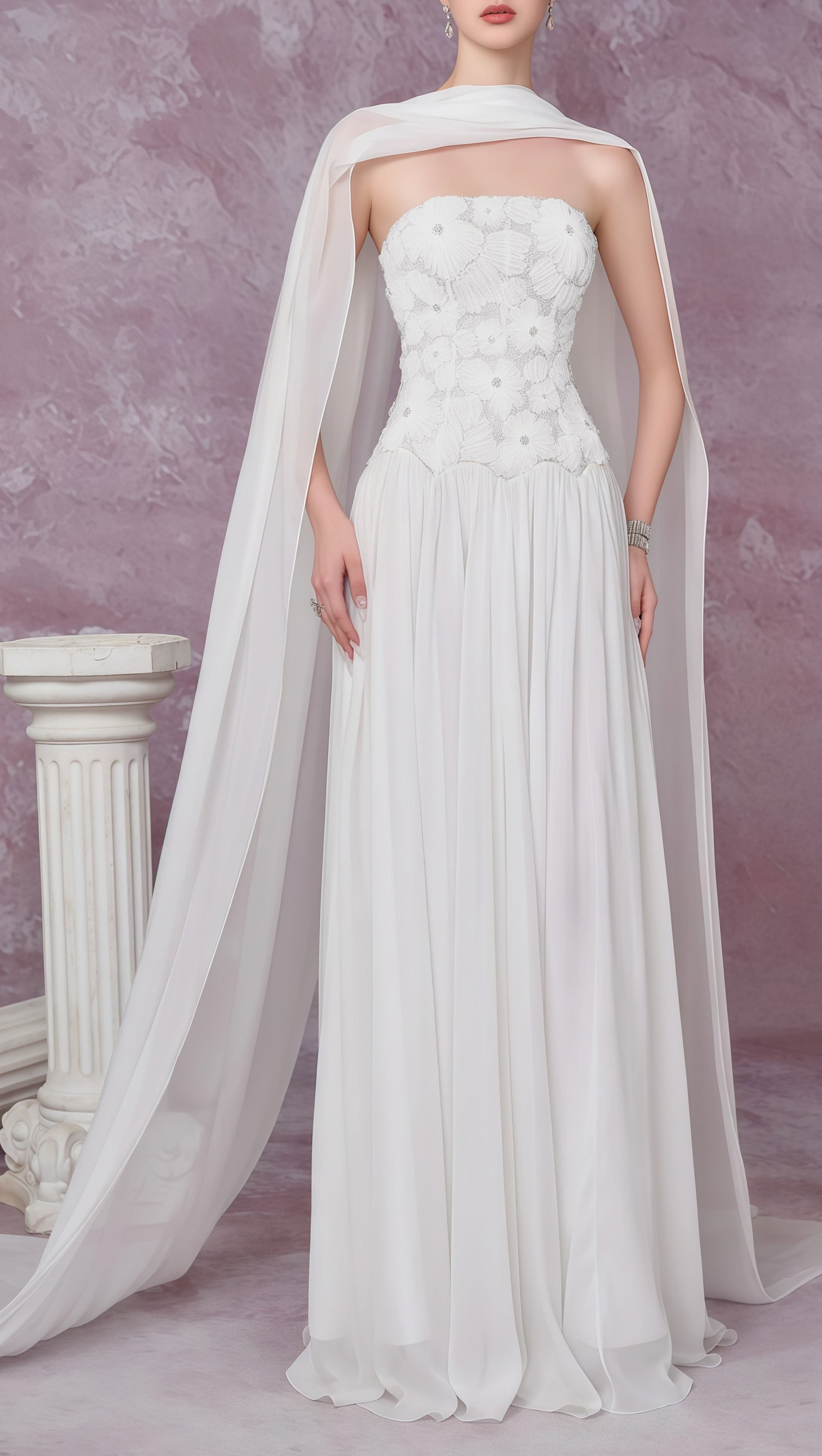 White Floral Embroidered Maxi Dress with Cape