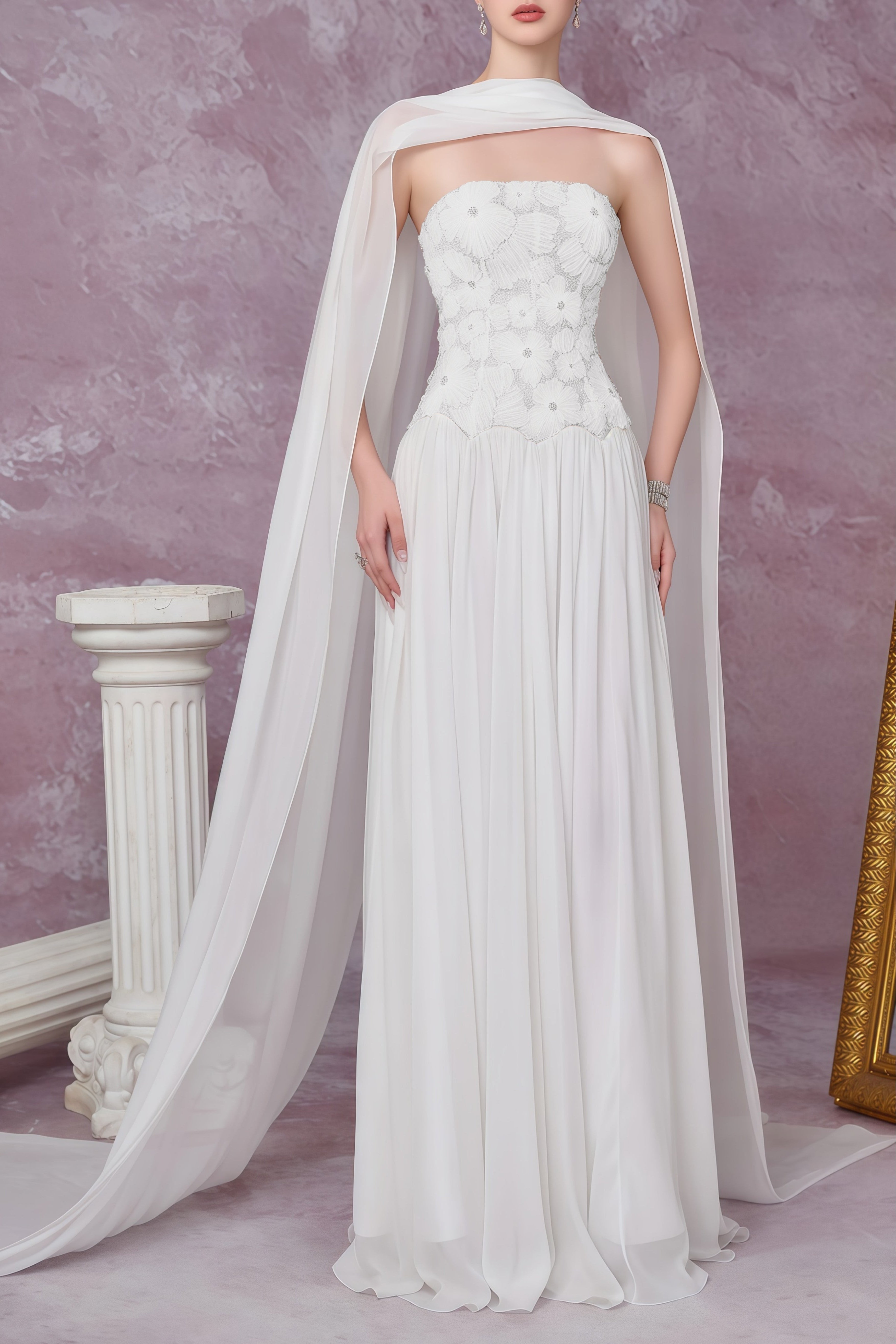 White Floral Embroidered Maxi Dress with Cape
