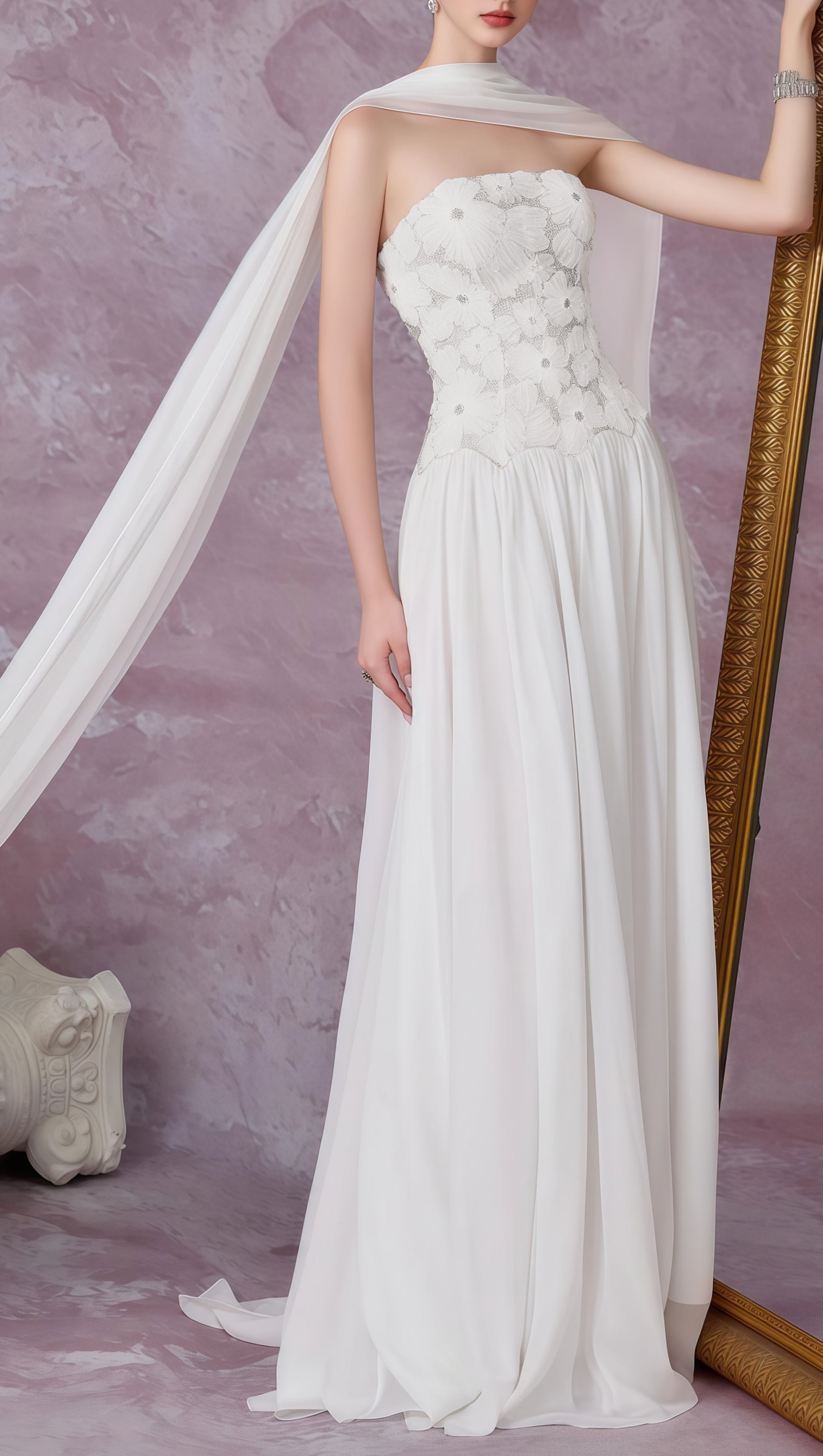 White Floral Embroidered Maxi Dress with Cape