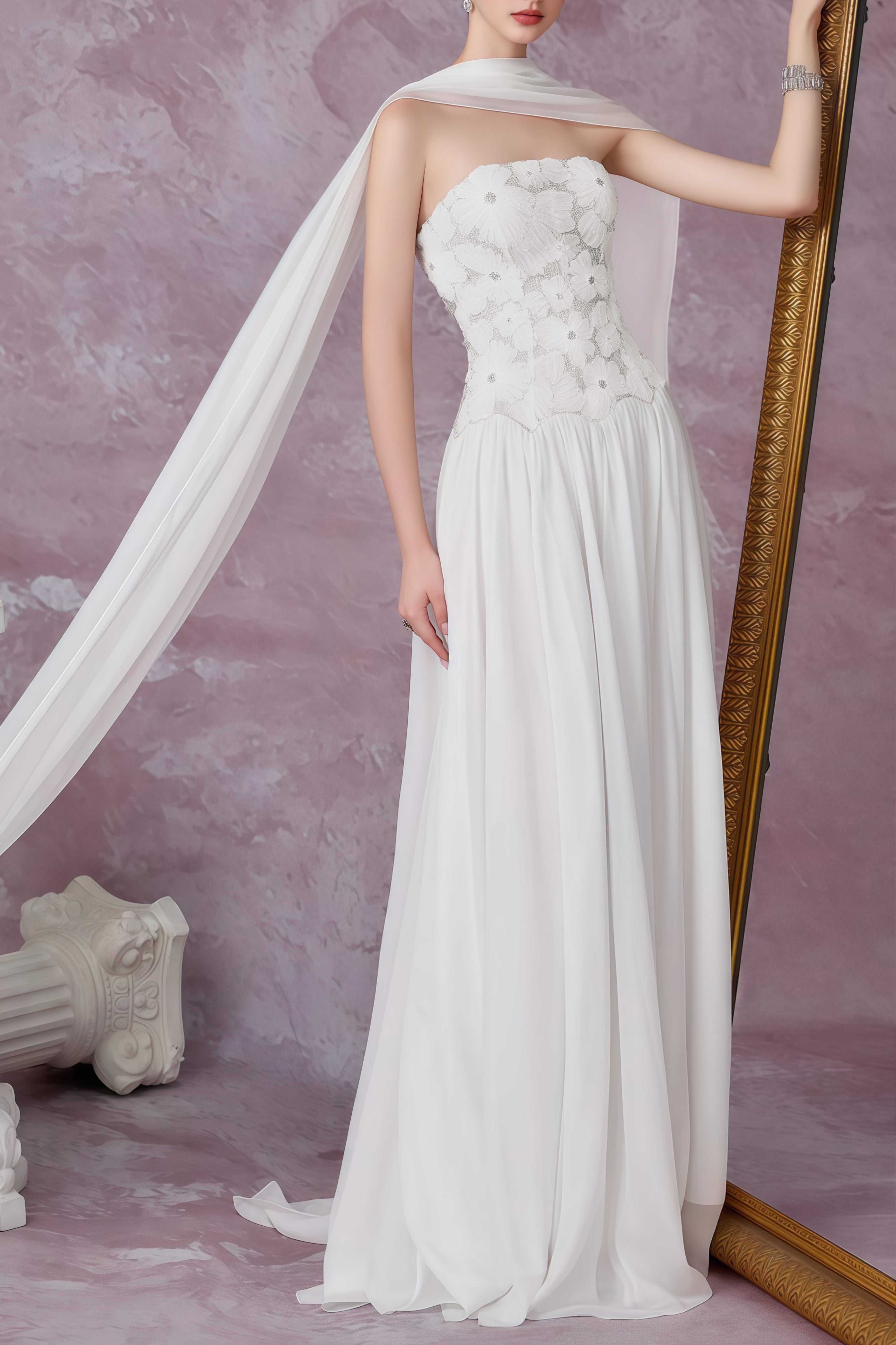 White Floral Embroidered Maxi Dress with Cape
