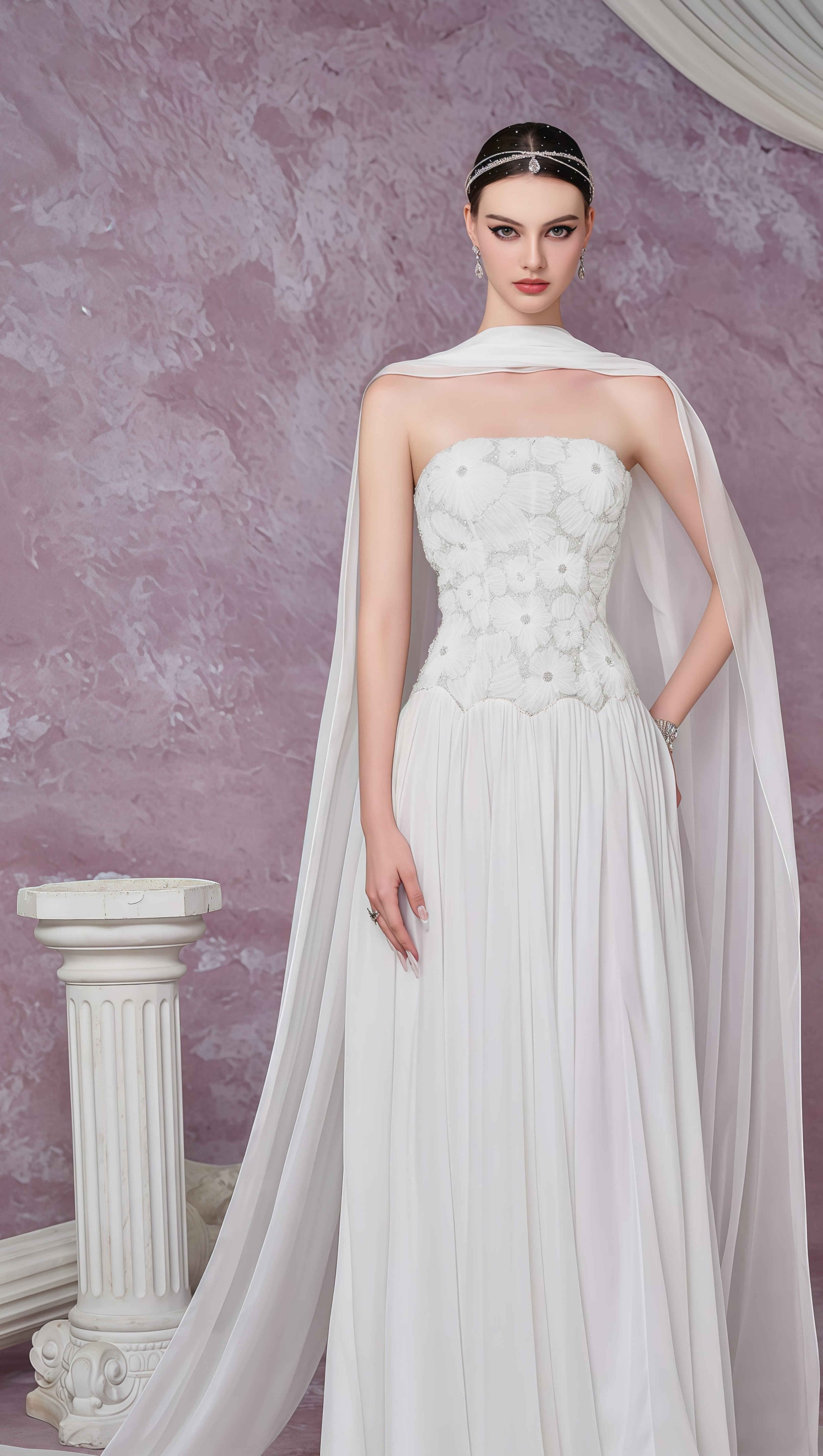 White Floral Embroidered Maxi Dress with Cape