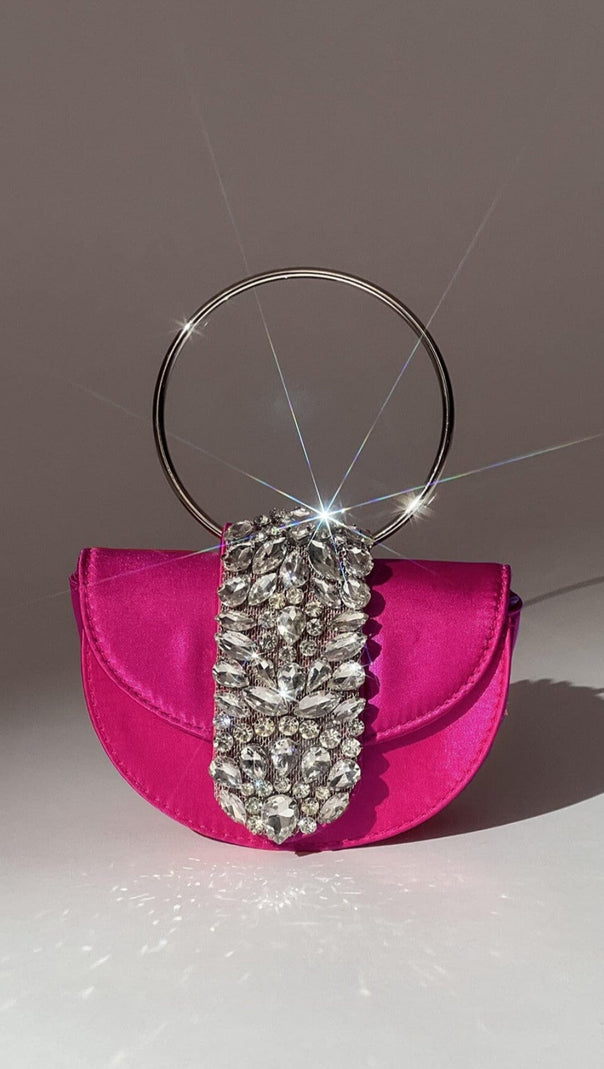 AIIZIE SATIN CRYSTAL CLUTCH IN HOT PINK - product image
