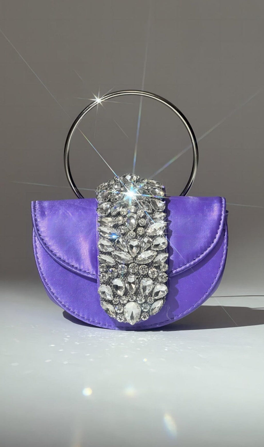 SATIN CRYSTAL CLUTCH IN PURPLE