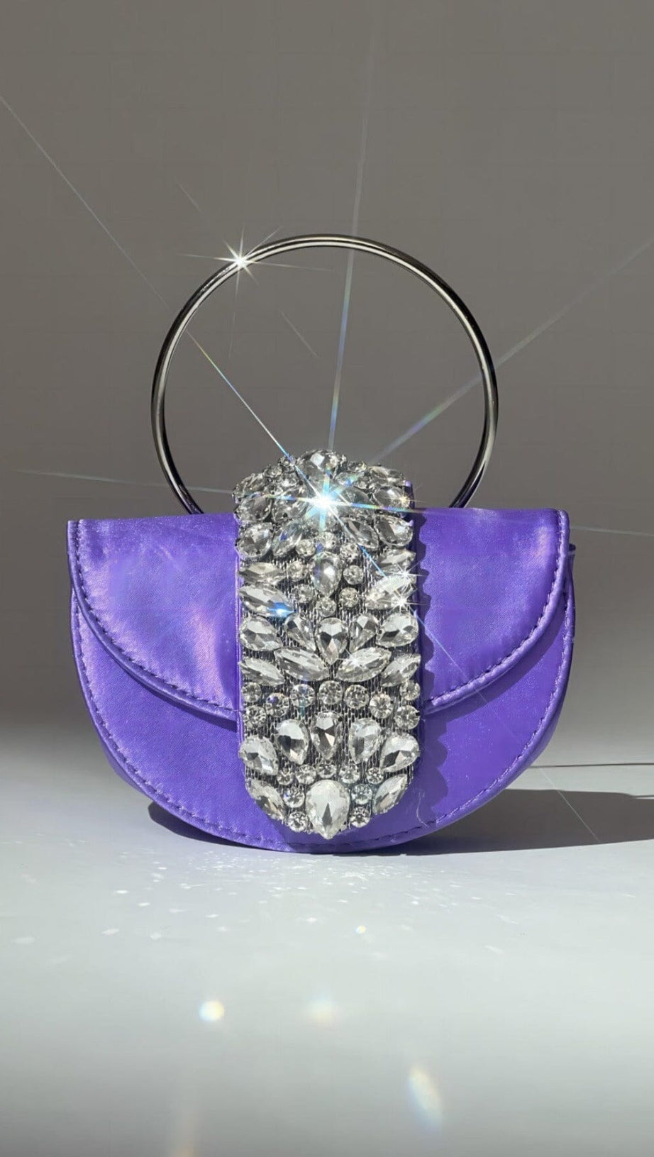 SATIN CRYSTAL CLUTCH IN PURPLE
