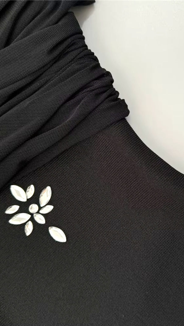 AIIZIE DRAPED BARDOT CRYSTAL MAXI DRESS BLACK - product image