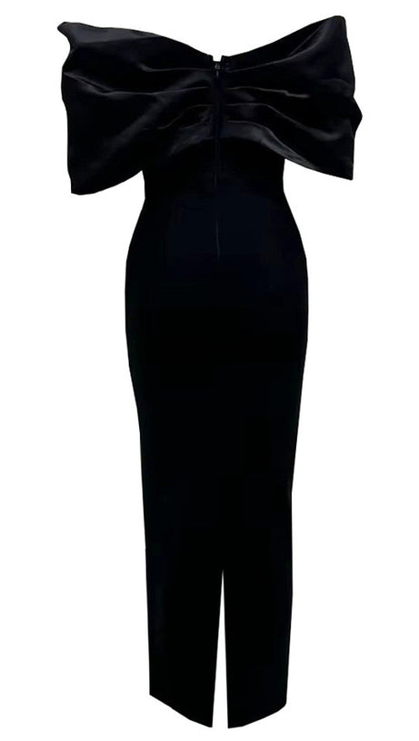 DRAPED BARDOT CRYSTAL DETAIL MAXI DRESS IN BLACK