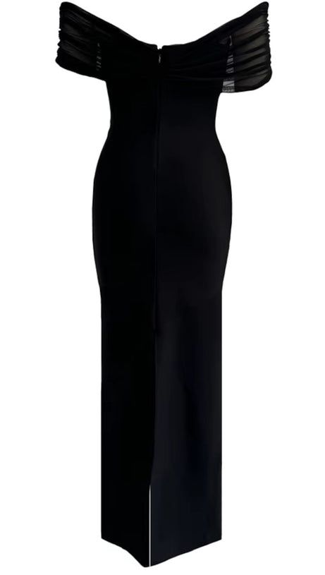 Drapiertes Bardot-Maxikleid mit Kristallen in Schwarz