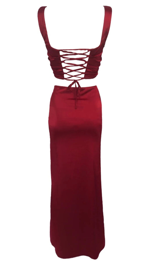 AIIZIE DRAPED CORSET TWO PIECE MAXI DRESS RED - product image