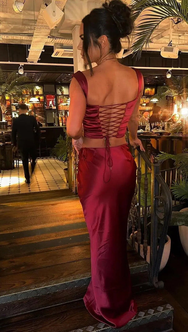 AIIZIE DRAPED CORSET TWO PIECE MAXI DRESS RED - product image