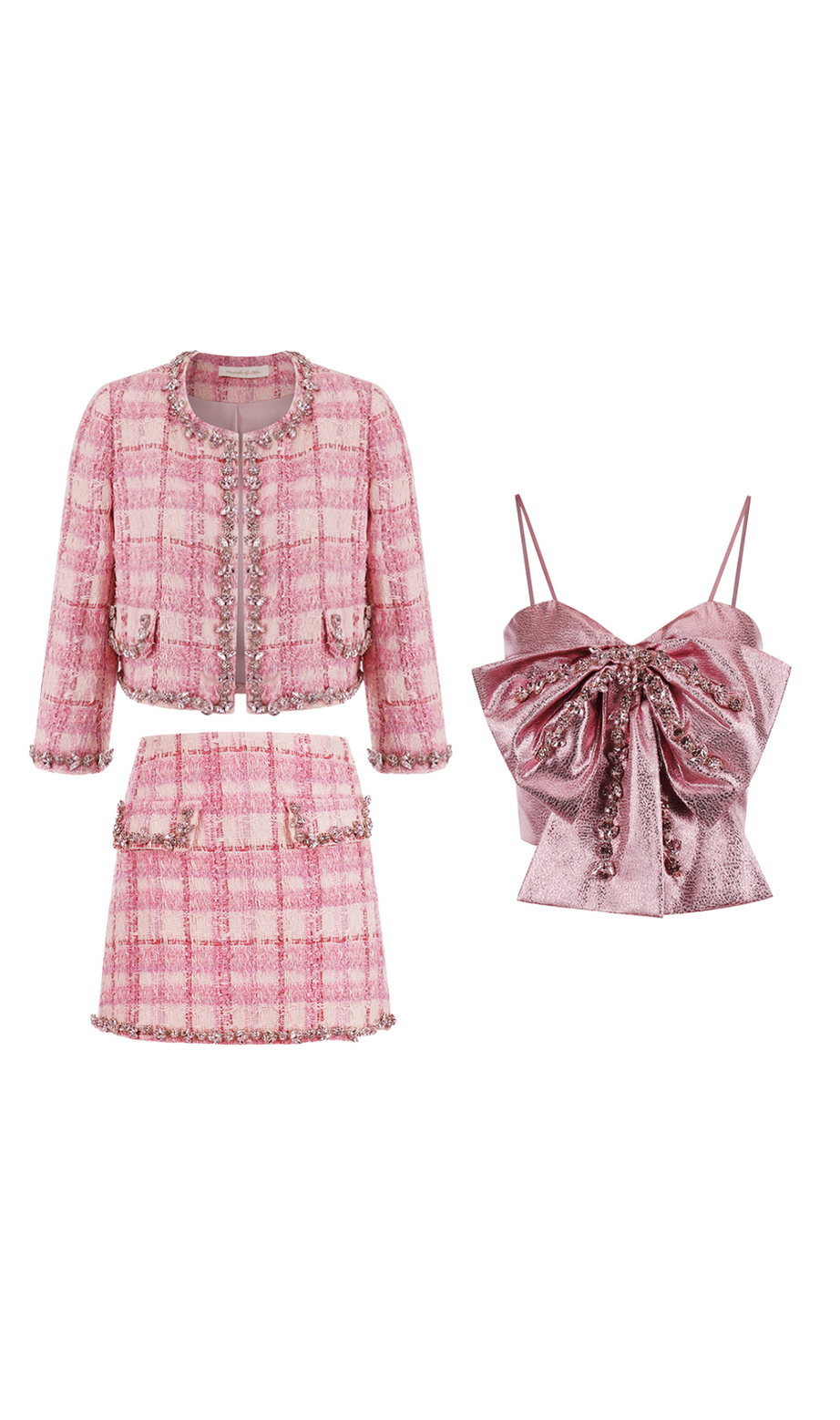 set di tre pezzi con fiocco e strass rosa