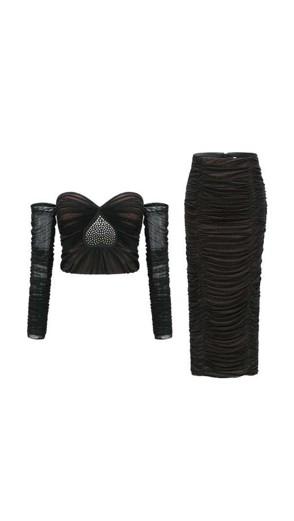 AIIZIE GWENONWY BLACK RUCHED MESH TOP & SKIRT MATCHING SET - product image
