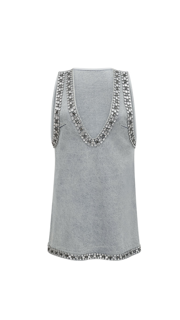 MINI ABITO IN DENIM SENZA MANICHE CON CRISTALLI BLU DAPHNÉ