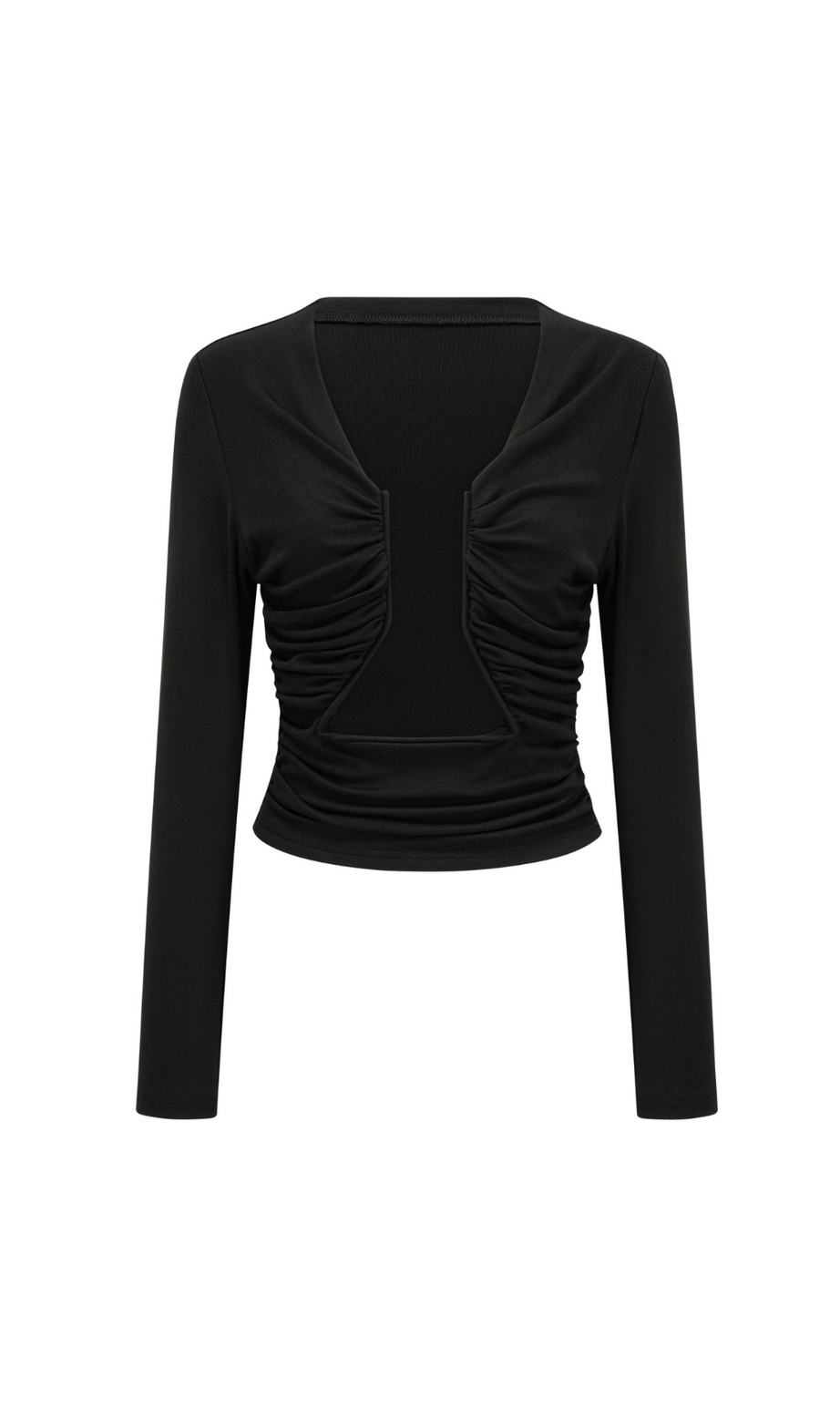 Anaïs schwarzes, vorne offenes, gerafftes Top 