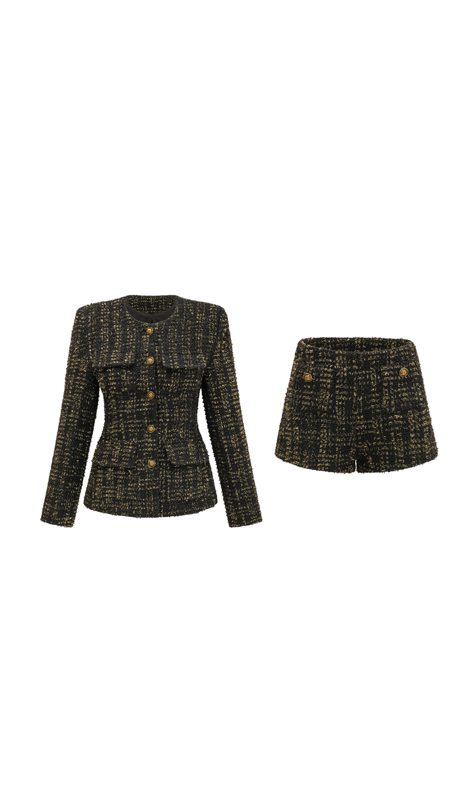 Claudine – passendes Set aus schwarzer Metallic-Tweedjacke und Shorts 