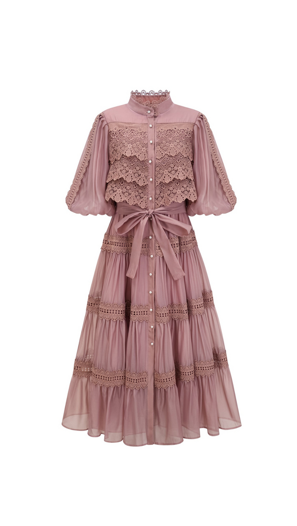 AIIZIE INÈS LACE CUT-OUT TIERED MIDI DRESS - product image