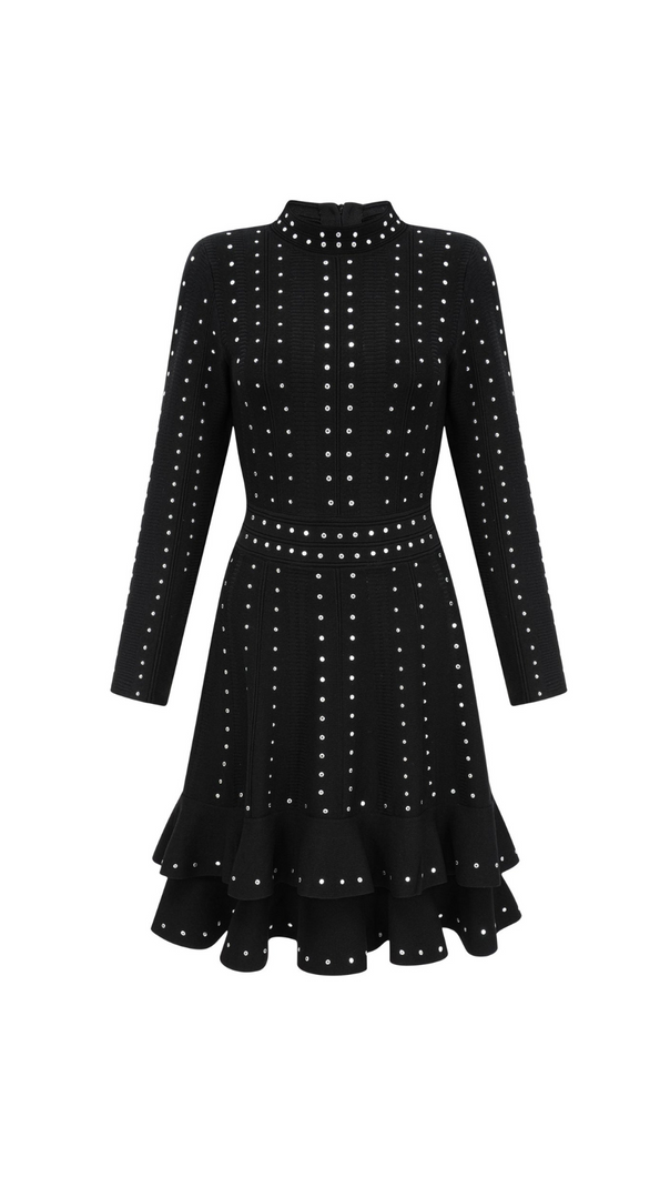 AIIZIE FABIENNE BLACK EMBELLISHED RUFFLED KNITTED MINI DRESS - product image