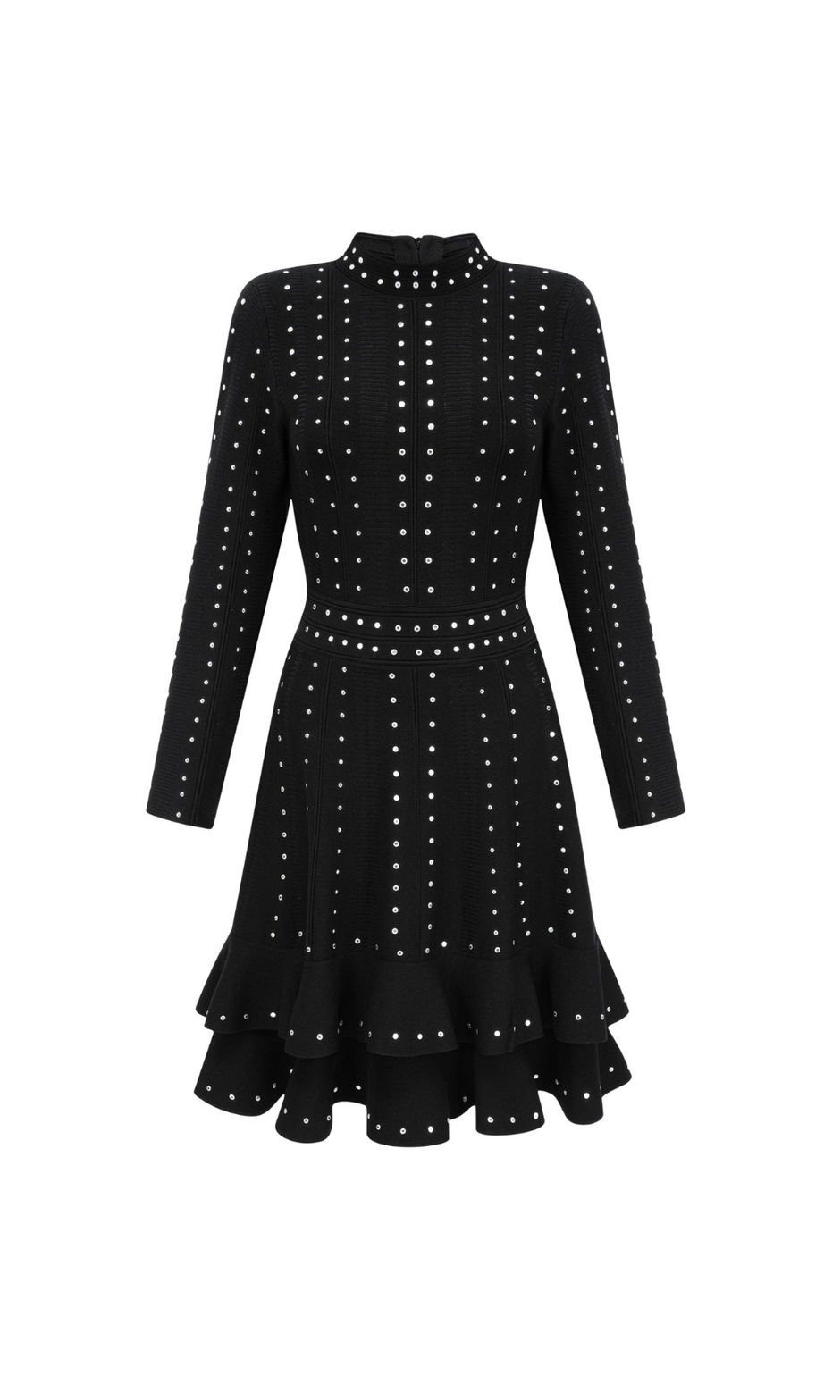 Fabienne – Schwarzes, verziertes, gerüschtes Strick-Minikleid 