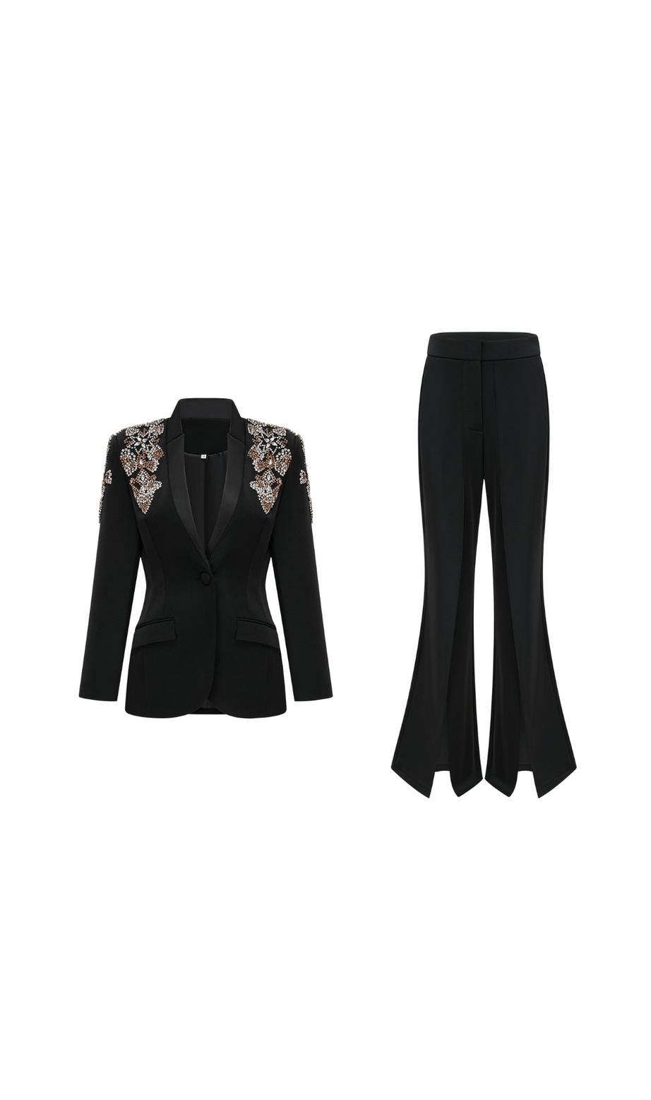 Delphine – Passendes Set aus schwarzer, verzierter Jacke und Hose 