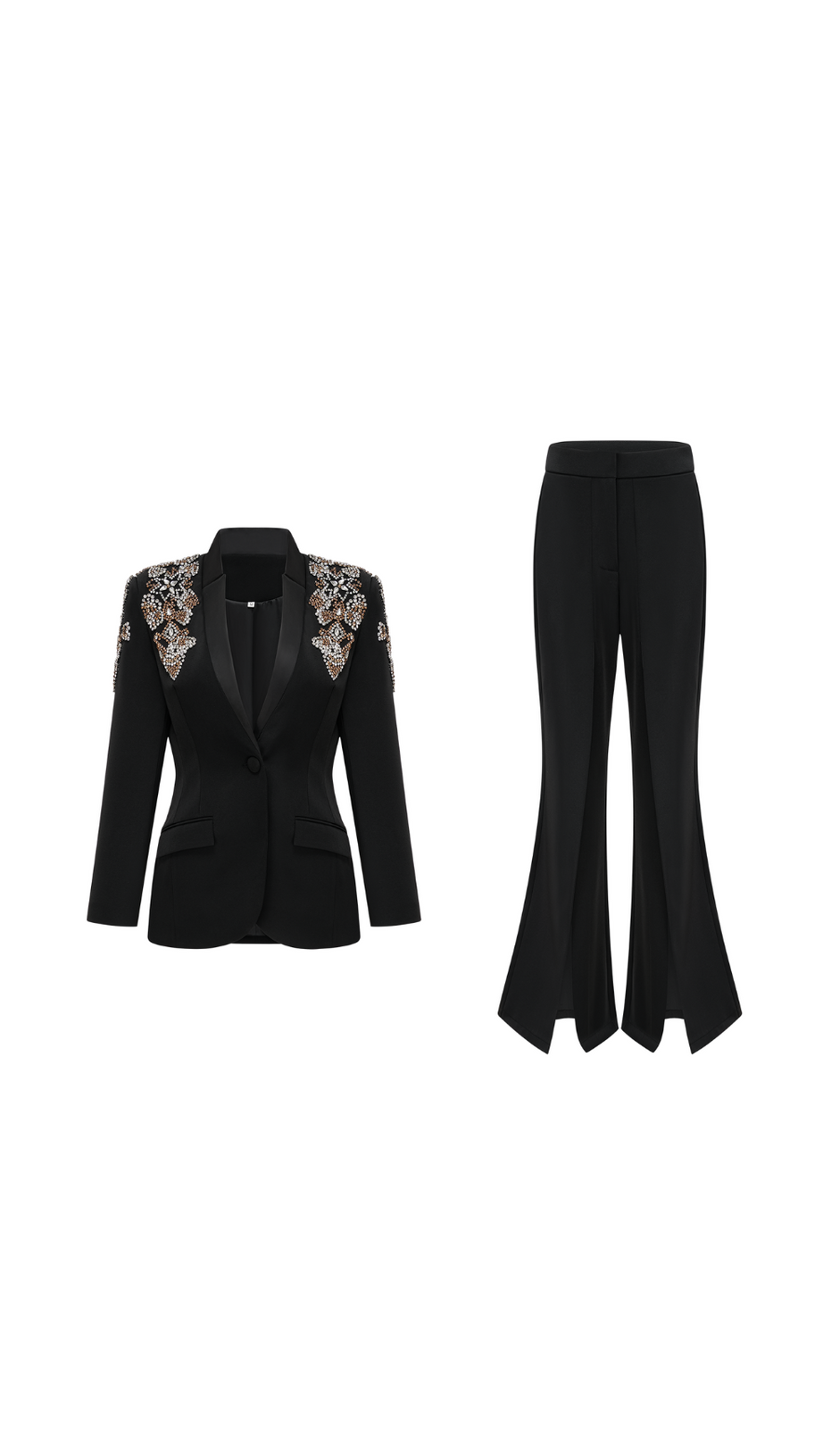 Completo coordinato giacca e pantaloni Delphine con decorazioni nere 