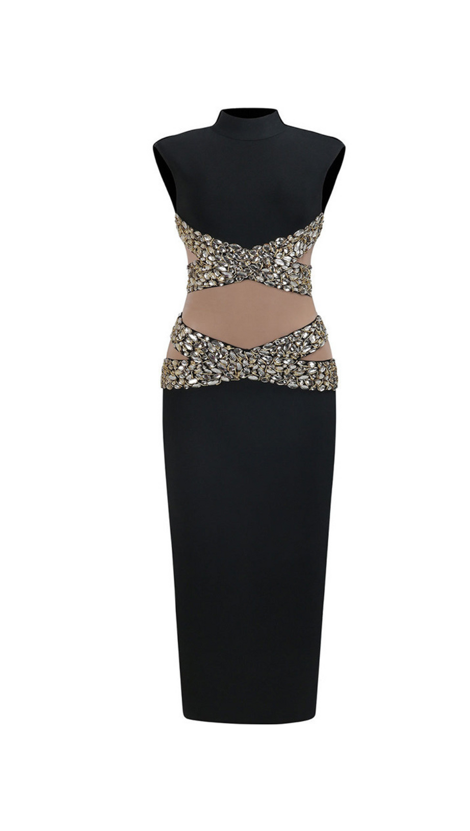 GOLD X BEADS EMBELLISHED BLACK MAXI DRESS