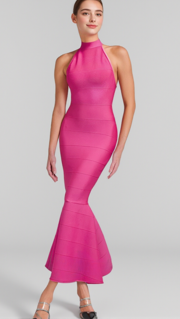AIIZIE HALTER MAXI BANDAGE FISHTAIL DRESS IN PINK - product image