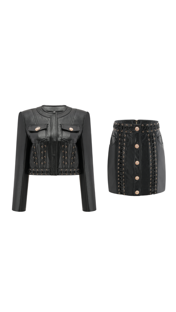 DAPHNÉ EYELET-EMBELLISHED LEATHER JACKET & SKIRT MATCHING SET