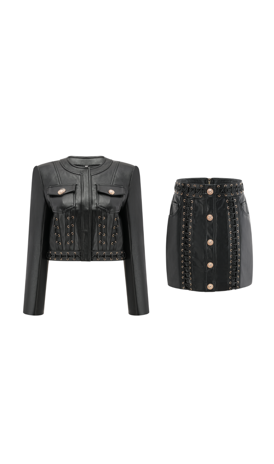 Completo coordinato giacca e gonna in pelle con occhielli Daphné 