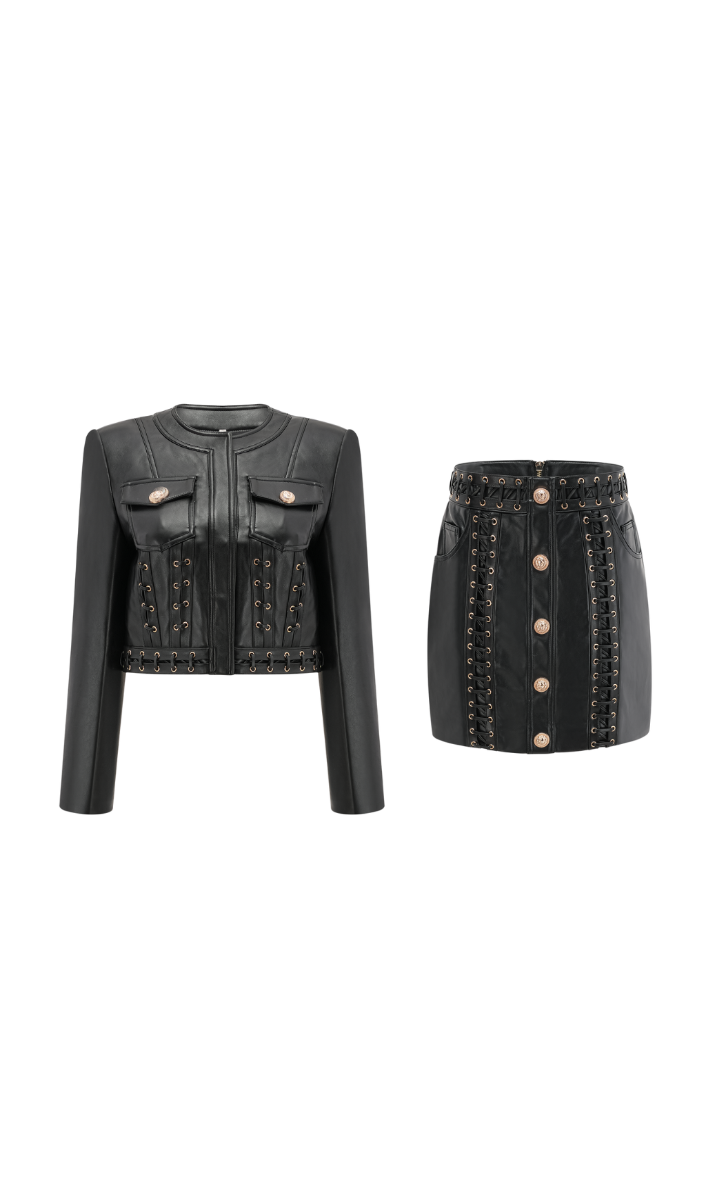 DAPHNÉ EYELET-EMBELLISHED LEATHER JACKET & SKIRT MATCHING SET