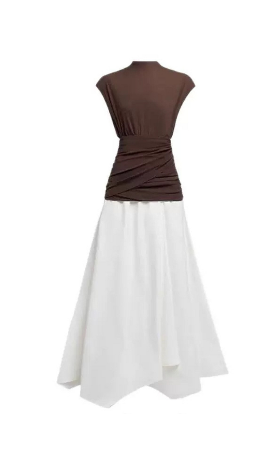 brown Waist cross pleats midi dress with asymmetric hemline