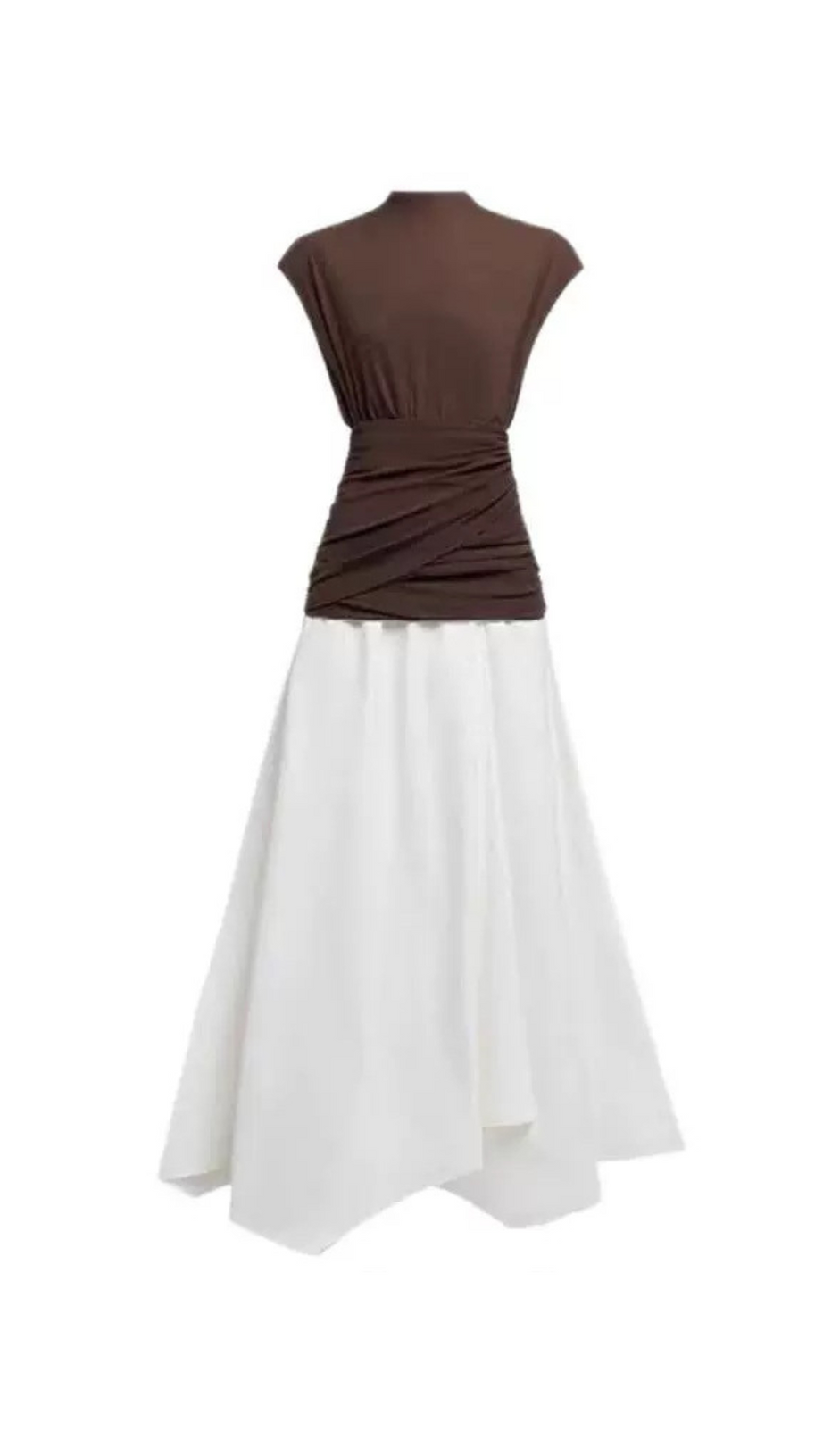BROWN WAIST CROSS PLEATS MIDI DRESS WITH ASYMMETRIC HEMLINE
