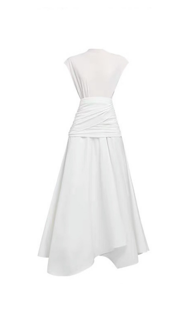 AIIZIE WHITE WAIST CROSS PLEATS MIDI DRESS WITH ASYMMETRIC HEMLINE - product image
