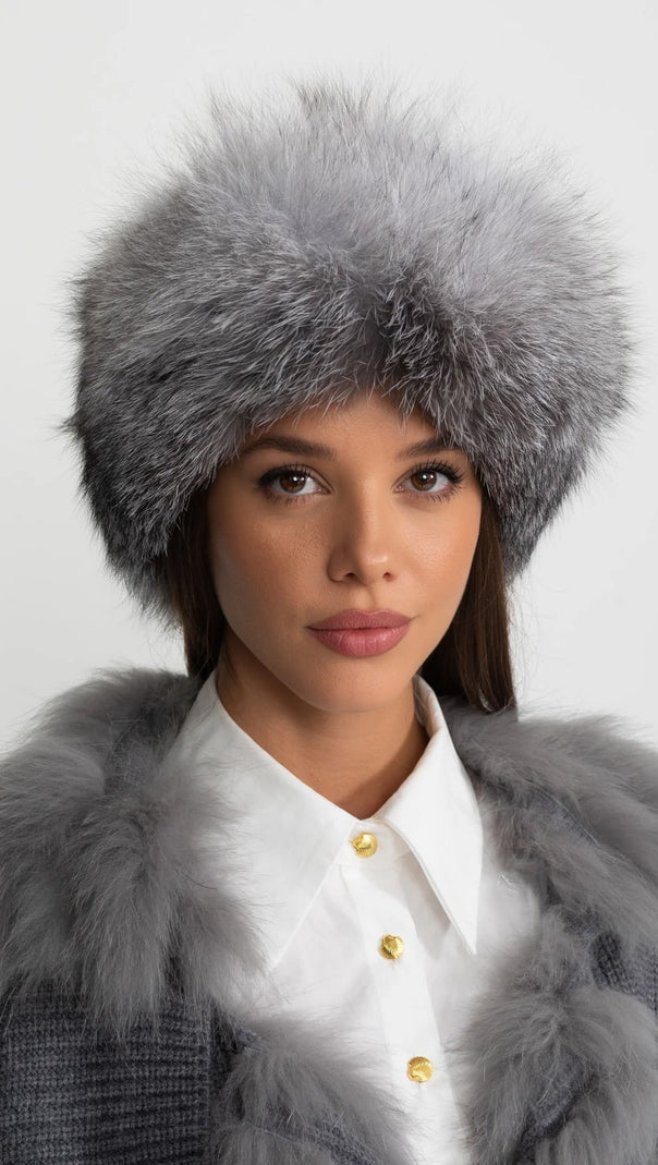 Real Fox Fur Trimmed Hat With Pom-Pom Ties – Grey