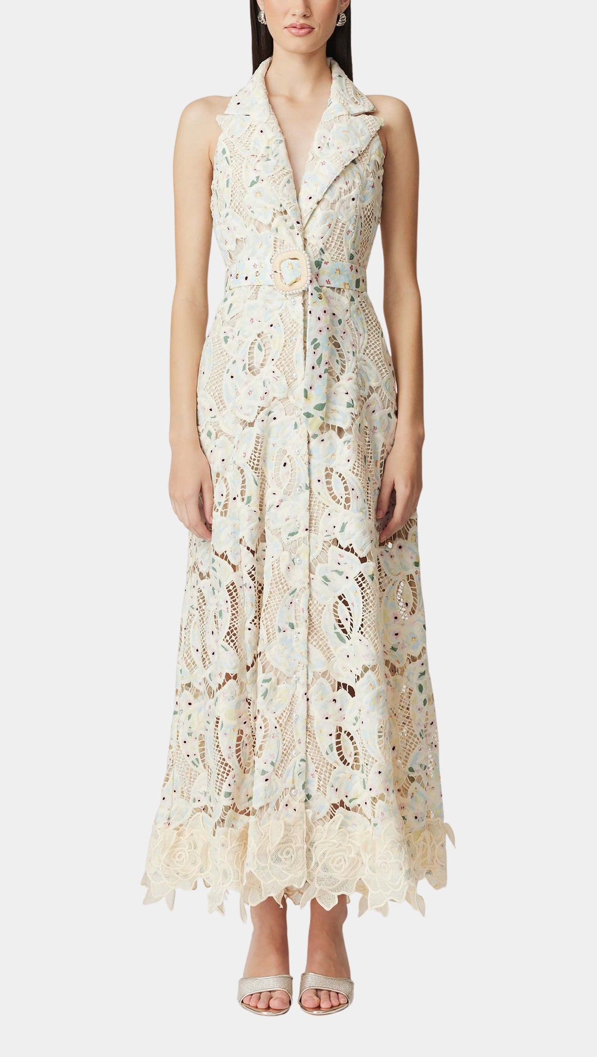 AIIZIE CHLOE SLEEVELESS HOLLOW LACE MAXI DRESS IN BEIGE - product image