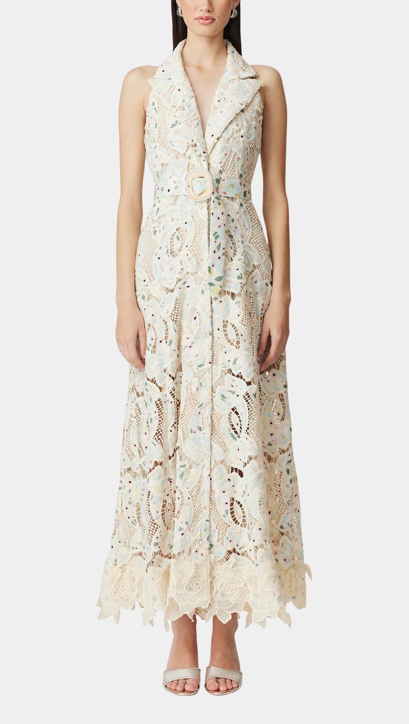 CHLOE SLEEVELESS HOLLOW LACE MAXI DRESS IN BEIGE