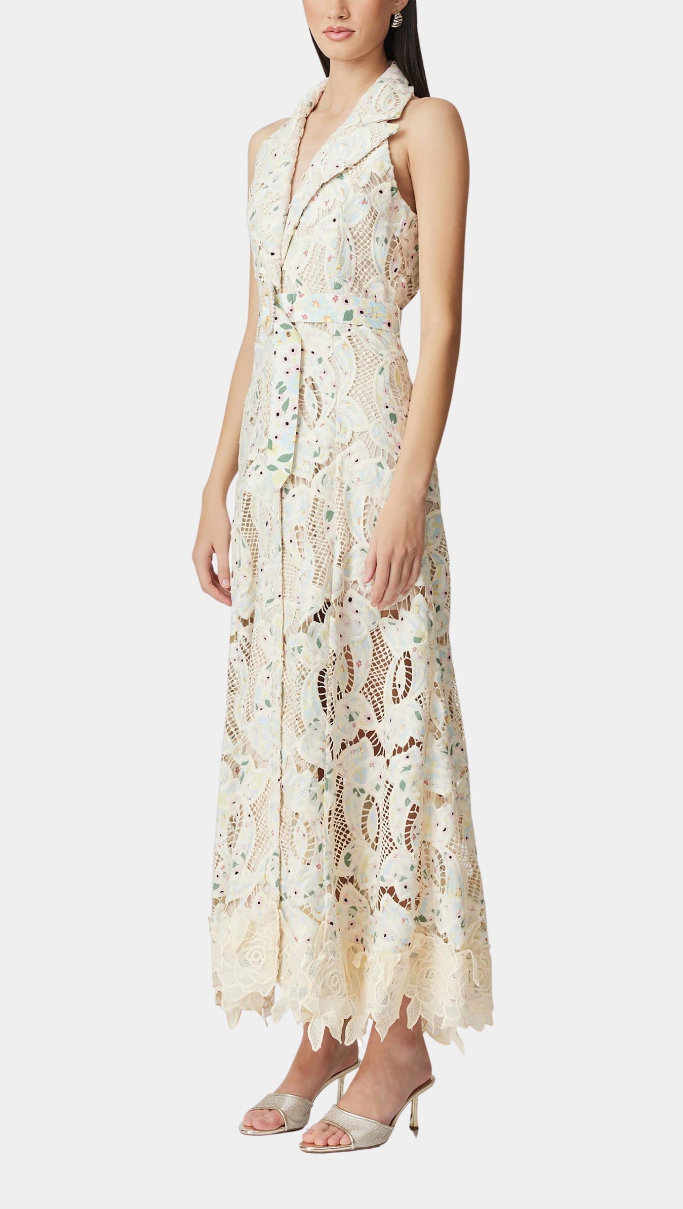 CHLOE SLEEVELESS HOLLOW LACE MAXI DRESS IN BEIGE