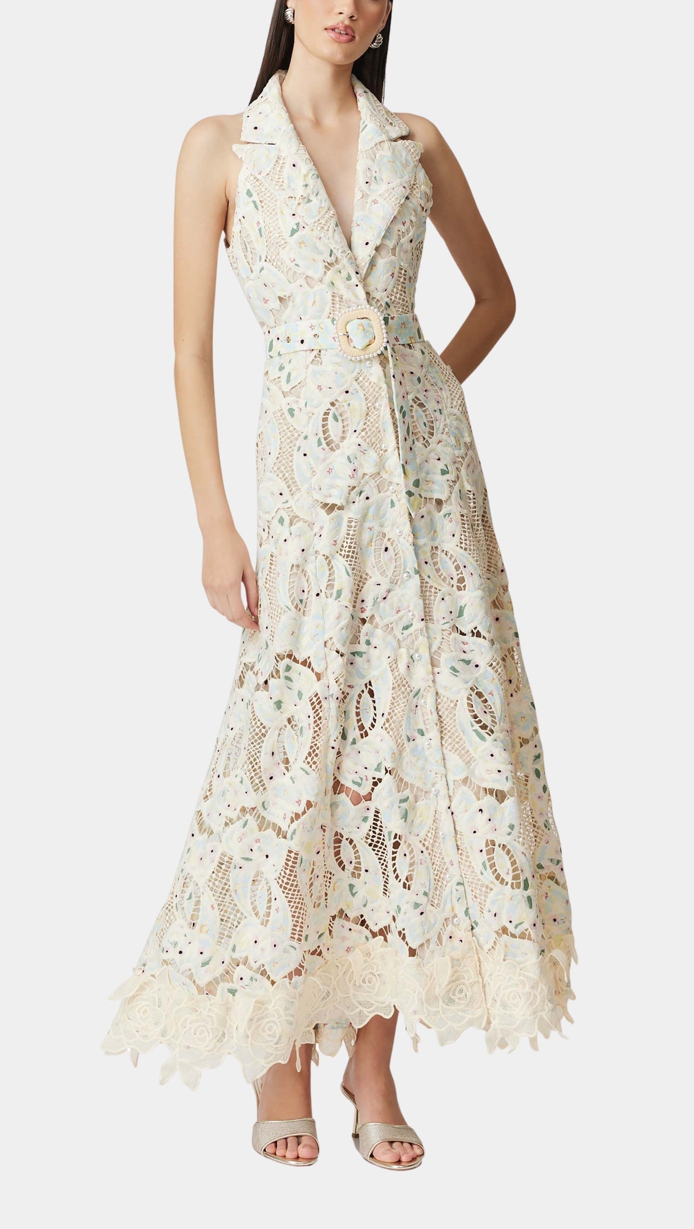 CHLOE SLEEVELESS HOLLOW LACE MAXI DRESS IN BEIGE