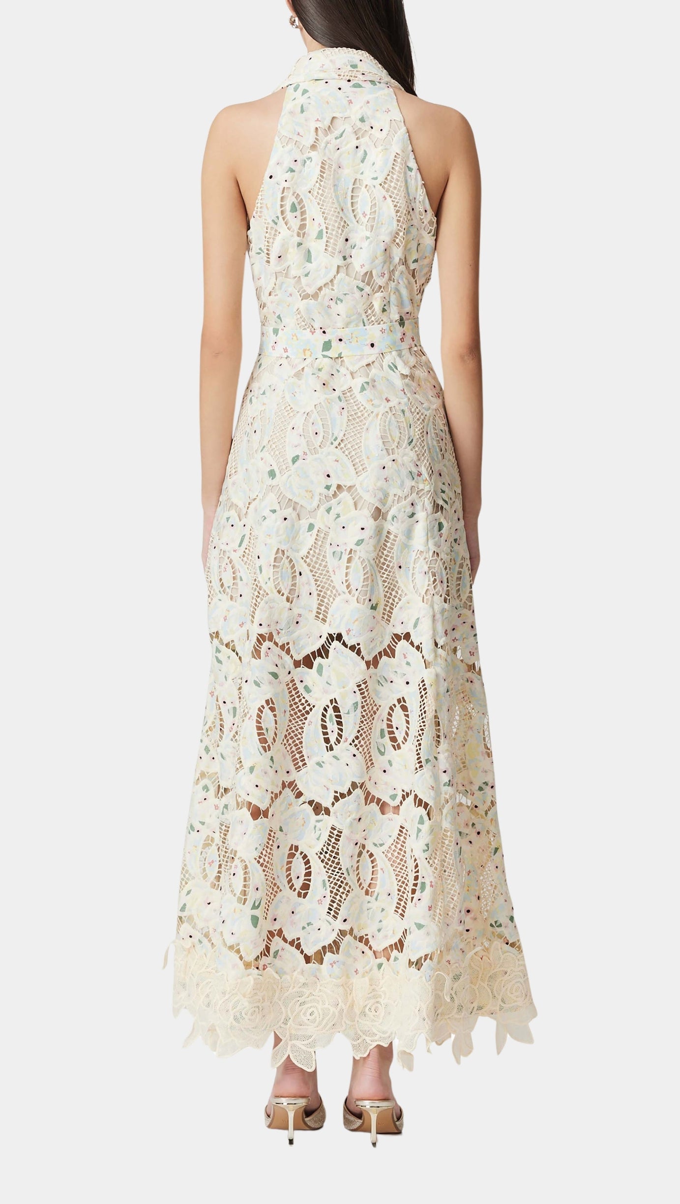 CHLOE SLEEVELESS HOLLOW LACE MAXI DRESS IN BEIGE