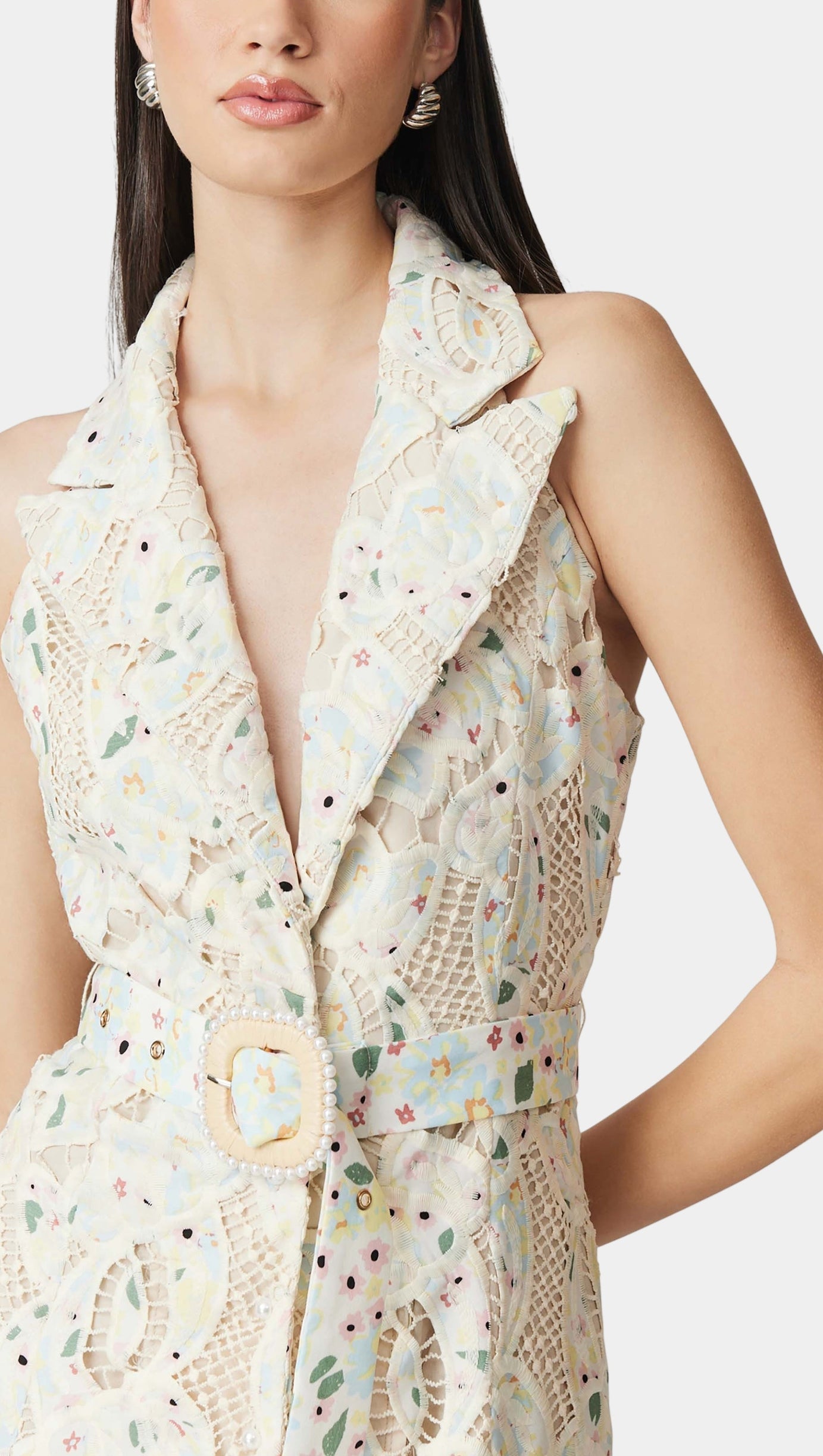 CHLOE SLEEVELESS HOLLOW LACE MAXI DRESS IN BEIGE