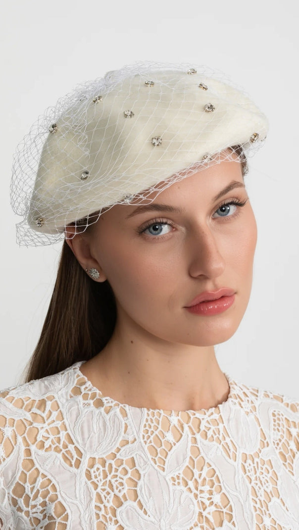 Embellished Wool Beret with Veil – Ivoire