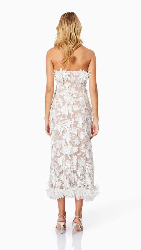 3D FLOWER EMBROIDERY STRAPLESS MIDI DRESS IN BEIGE
